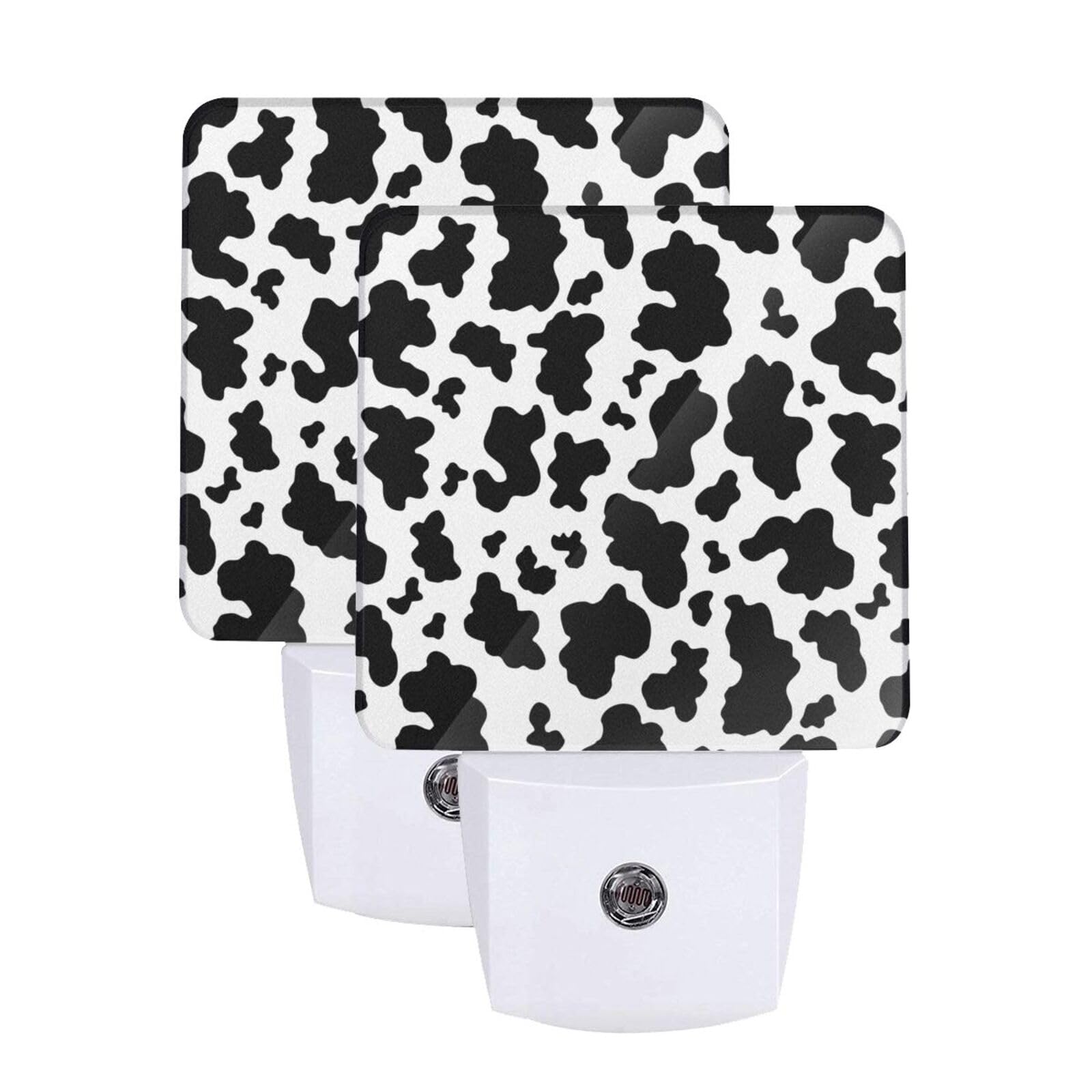 Black White Cow Print Night Light Set of 2, Auto Sensor LED Dusk-to-Dawn Nightlights, Plug-in Sensor Lamp for Bedroom Bathroom Kitchen Hallway Stairs Decorative