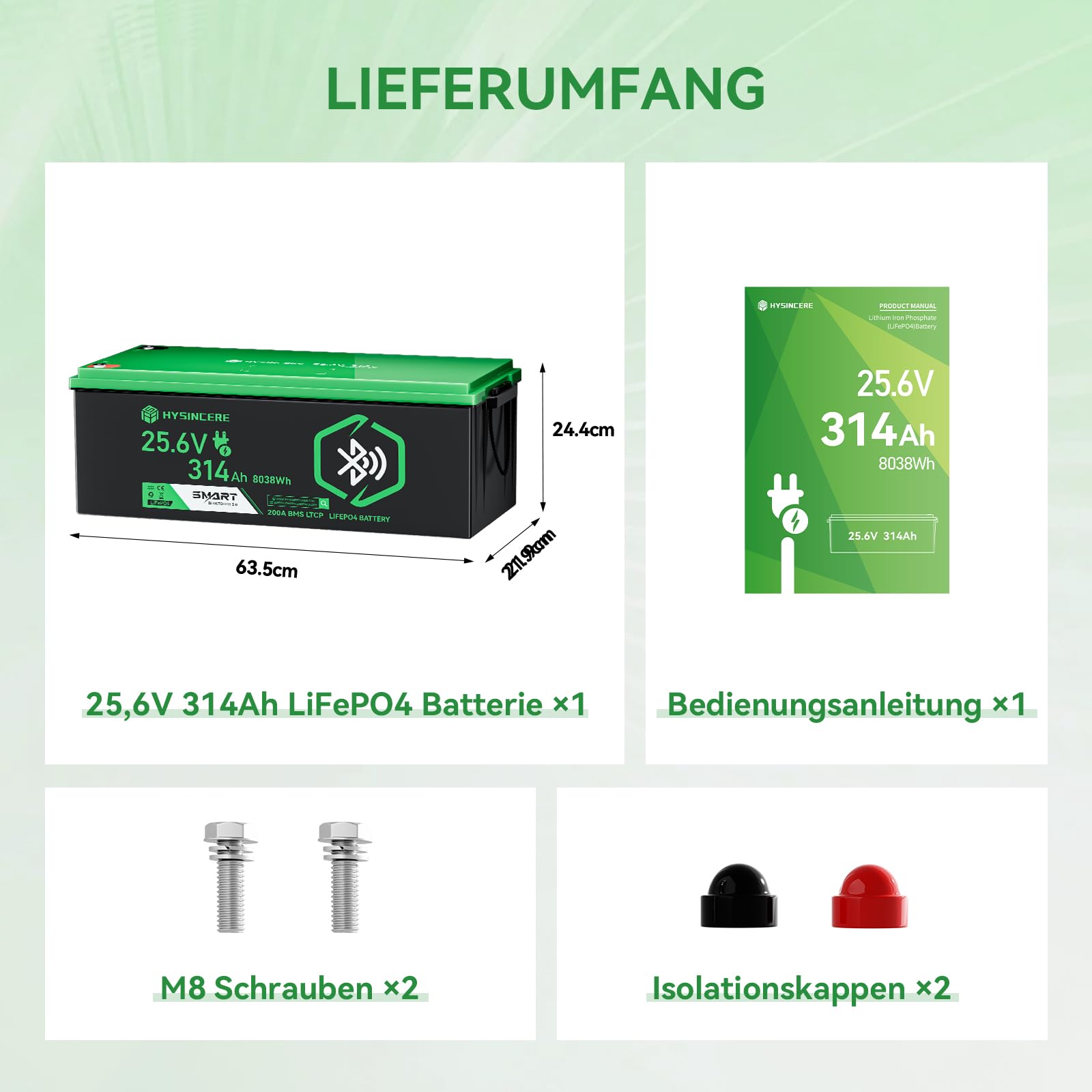 24 V 314 AH LiFePO4 Lithium Batterie, mit 200A BMS Max 8038 Wh Energie 15000 Zyklen Lebensdauer, ideal für Wohnmobil, Boot, Camping & Off-Grid Solarsysteme