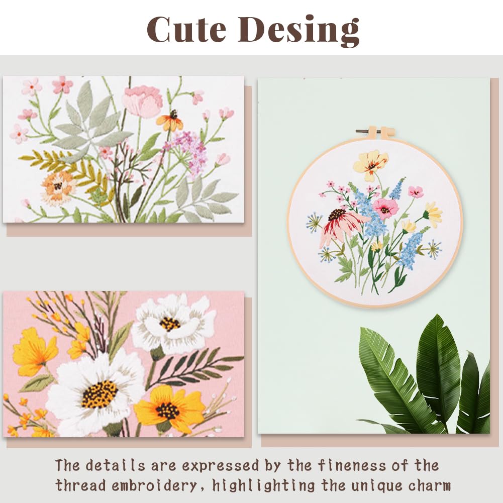 3 sets borduurpakketten voor beginners, doe-het-zelf borduurstarterkit met bloemen en bijenpatroon, volledige reeks borduurpakketten om te leren met borduurringen en doek, kleurdradengereedschap en