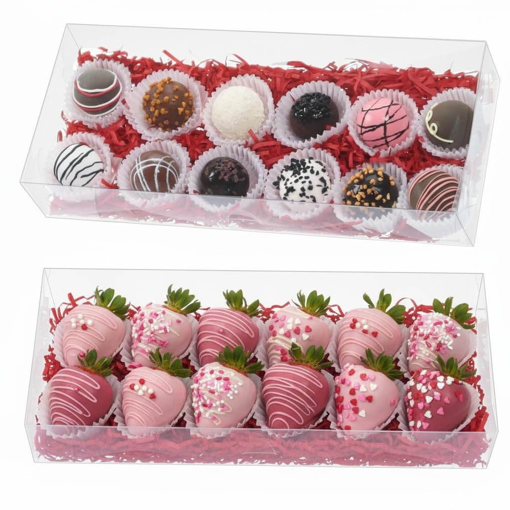 RomanticBaking 5Pcs 12x5x2Inches Clear Easter Cookies Boxes Plastic Chocolate Covered Strawberries Boxes for 12 Chocoalte Truffle Box Bakery Box