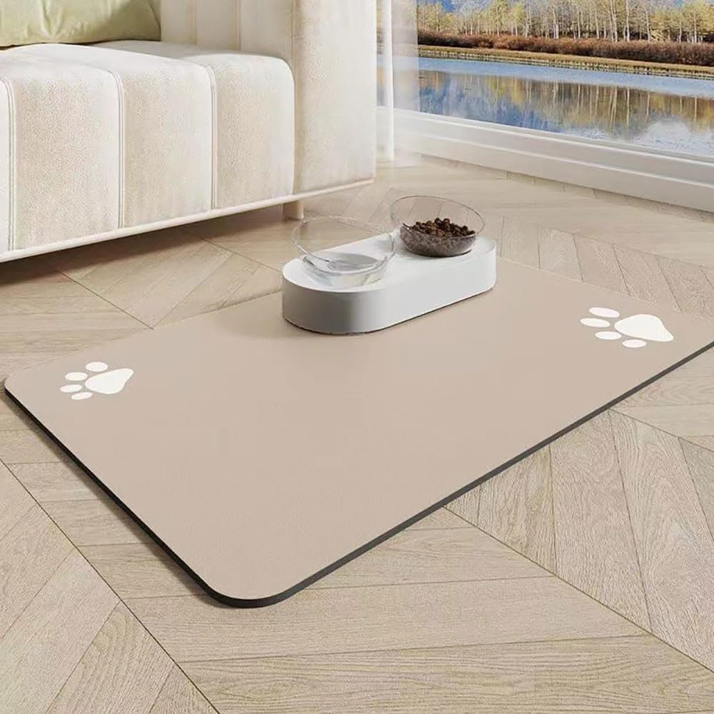 Mateju Dog Food Mat, Solid Color Absorbent Quick Drying Pet Feeding Mat for Food and Water, Dog Bowl Mat Non-Slip Cat Food Mats, Puppies & Kittens Dog Mat for Bowls (Khaki,40x50cm)