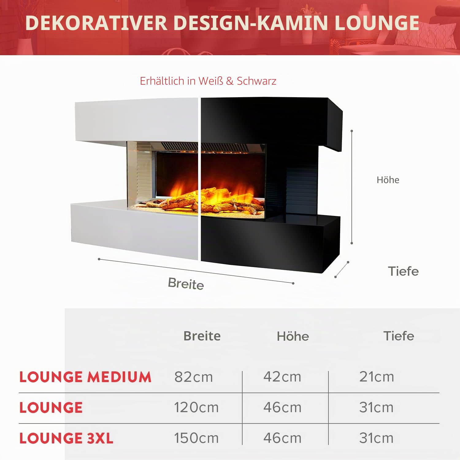 CHEMIN'ARTE Elektrokamin - Wandkamin Elektrisch - Lounge medium mit heizung 2000W - Weiß - Kamin deko - mit Fernbedienung - LED-Flammeneffekt