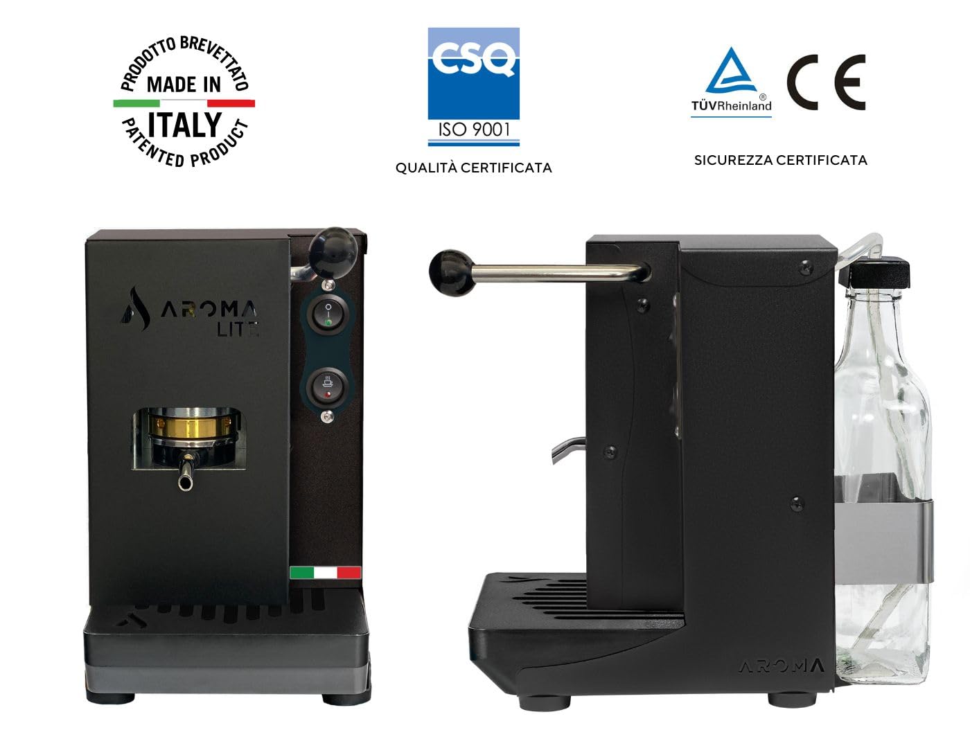 Aroma Lite Macchina Espresso a Cialde ESE 44 mm Pressacialda Ottone | Colore Nero, Serbatoio Vetro, Espresso Cremoso Come al Bar, Piccola, Silenziosa, Made in Italy Casa e Ufficio