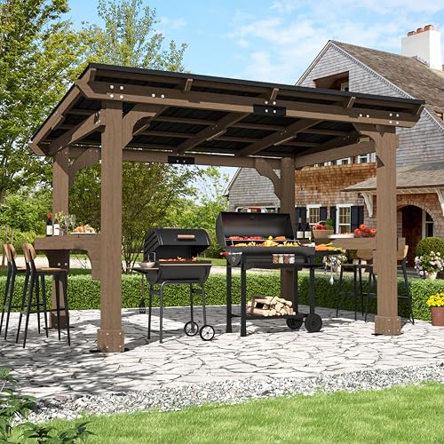 Image of BlueWish 8' x10' Outdoor Grill Gazebo, Wood BBQ Grill Gazebo with Metal Sloping Roof, Heavy Duty Wind-Resistant Patio Gazebo with Shelves for Barbecue, Backyard, Garden, Light Mocha Brown