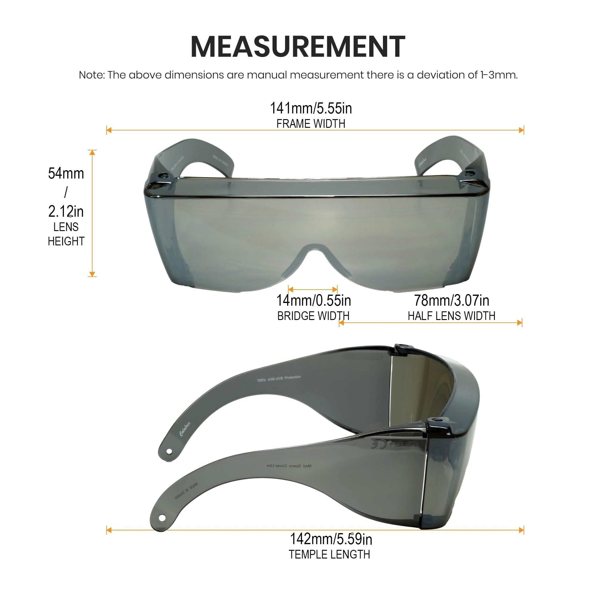 Calabria 3000 gafas de seguridad grandes Fitover sobre gafas graduadas | 100% protección UVA/UVB | patillas transparentes | espejo plateado