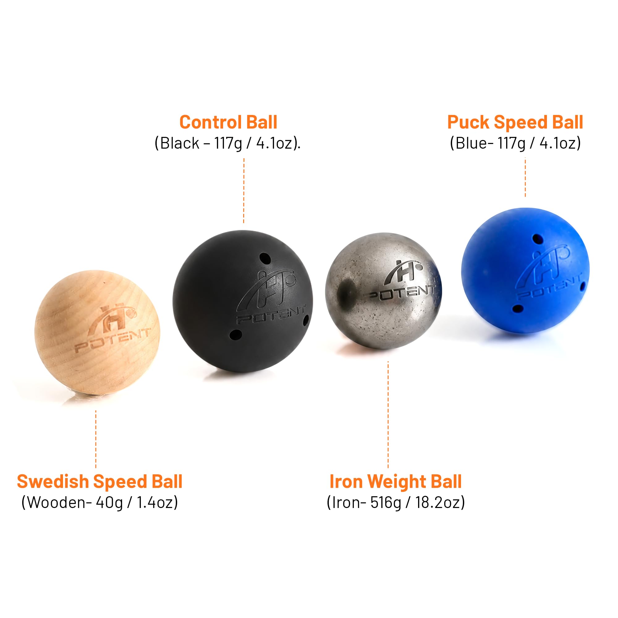 Potent Hockey Pelotas de entrenamiento de manejo de palo (paquete de 4) – Juego de pesas para entrenamiento de hockey, equipo para práctica en interiores y fuera del hielo – Mejora las habilidades, la