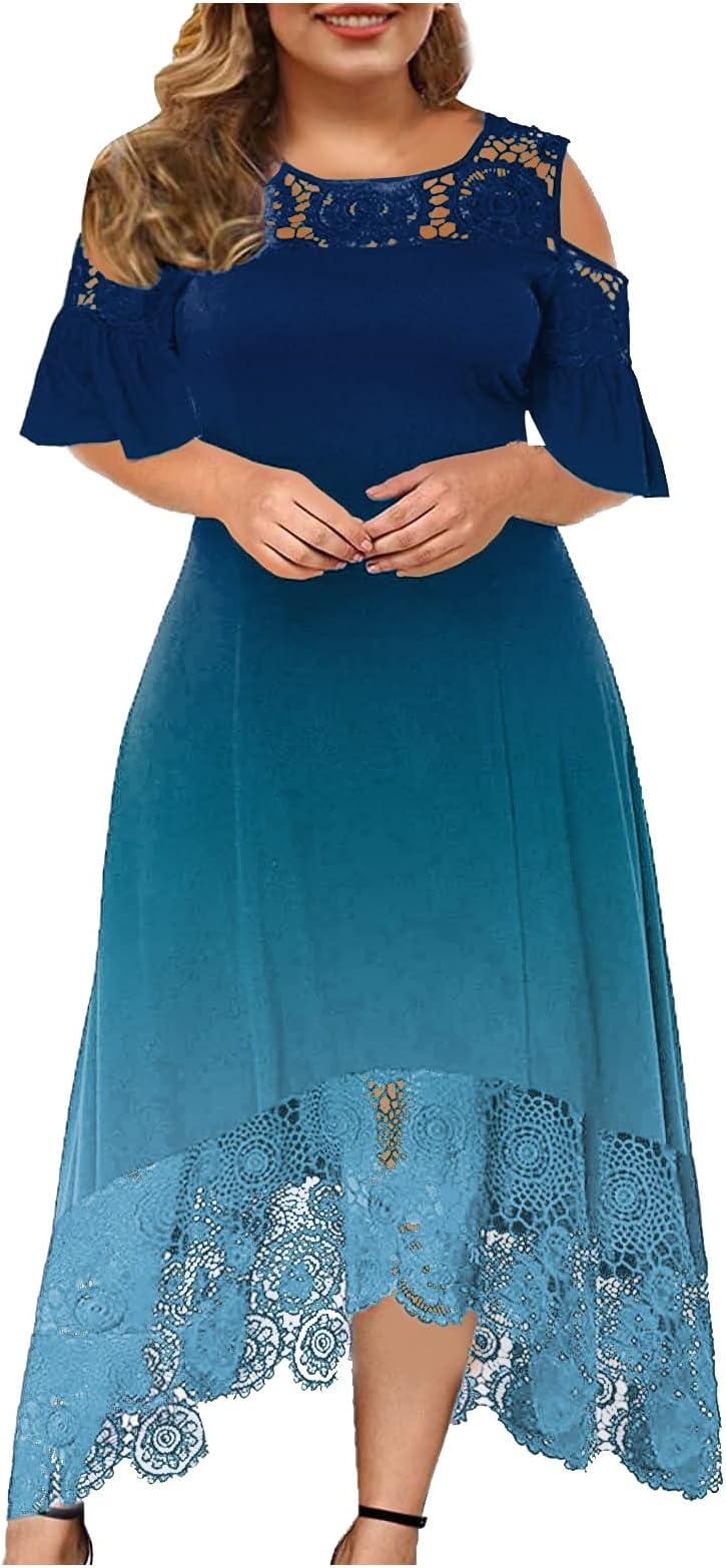 Plus Size Maxi Dress for Women Summer Cold Shoulder Lace Short Sleeve Swing Evening Party Long Dresses
