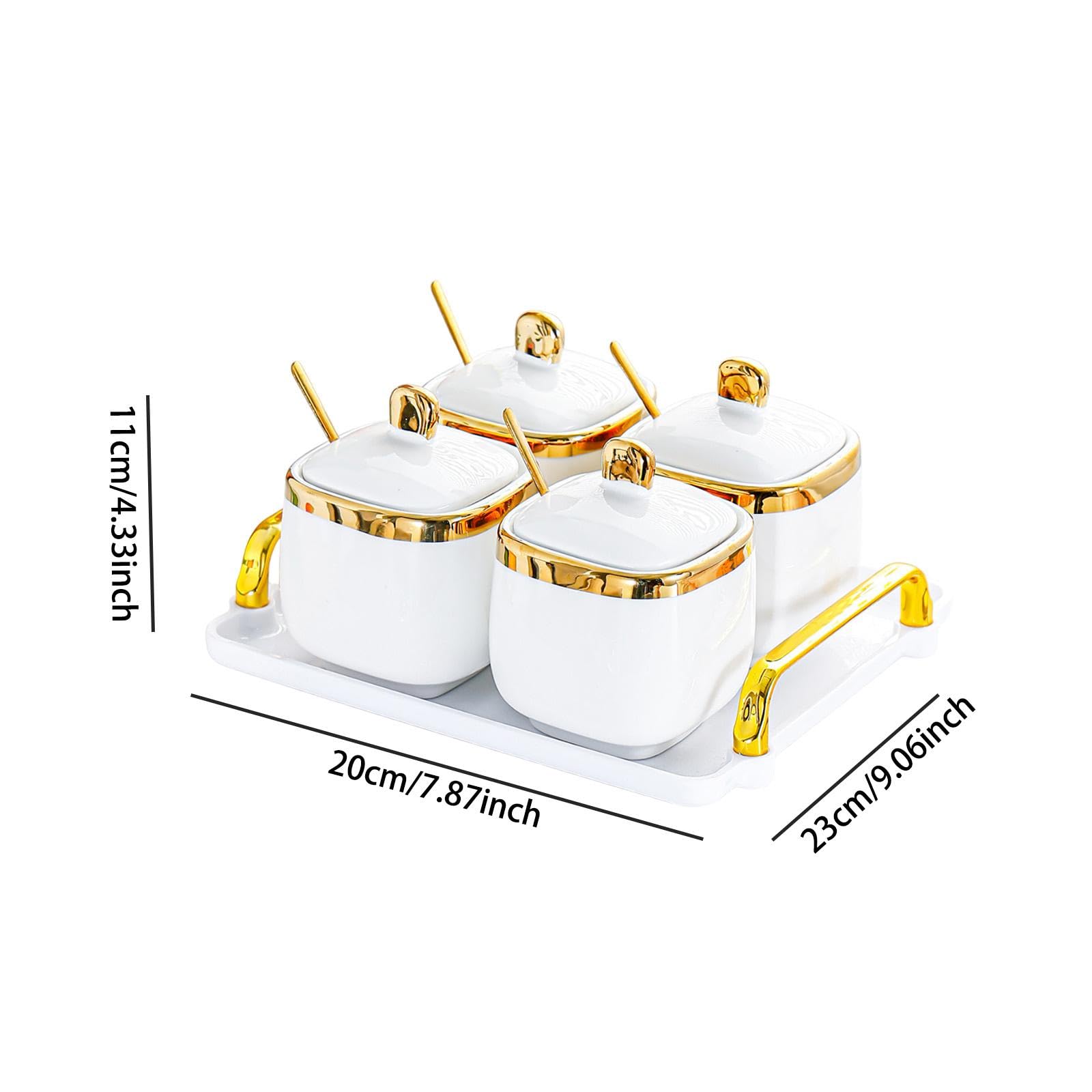 Récipient en Porcelaine pour Condiments, boîte à épices avec cuillère pour comptoir, 4 Pots d'or