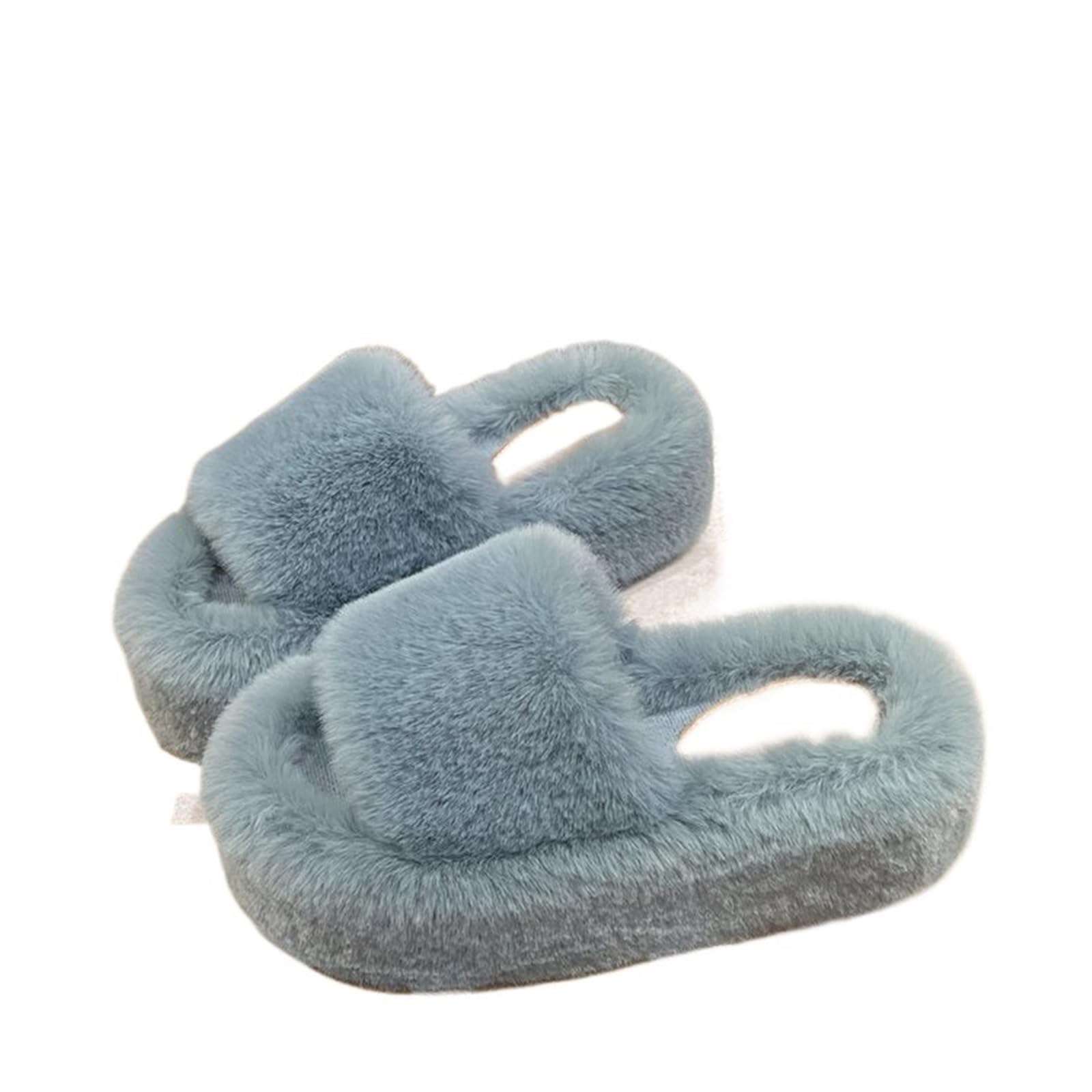 WEOKDFHA Womens Fluffy Slippers Sandals Woman Platform Plush Fluffy Furry Slippers Ladies Winter Warm Cute Soft Home Indoor House Bridal Slipper(Blue,42)
