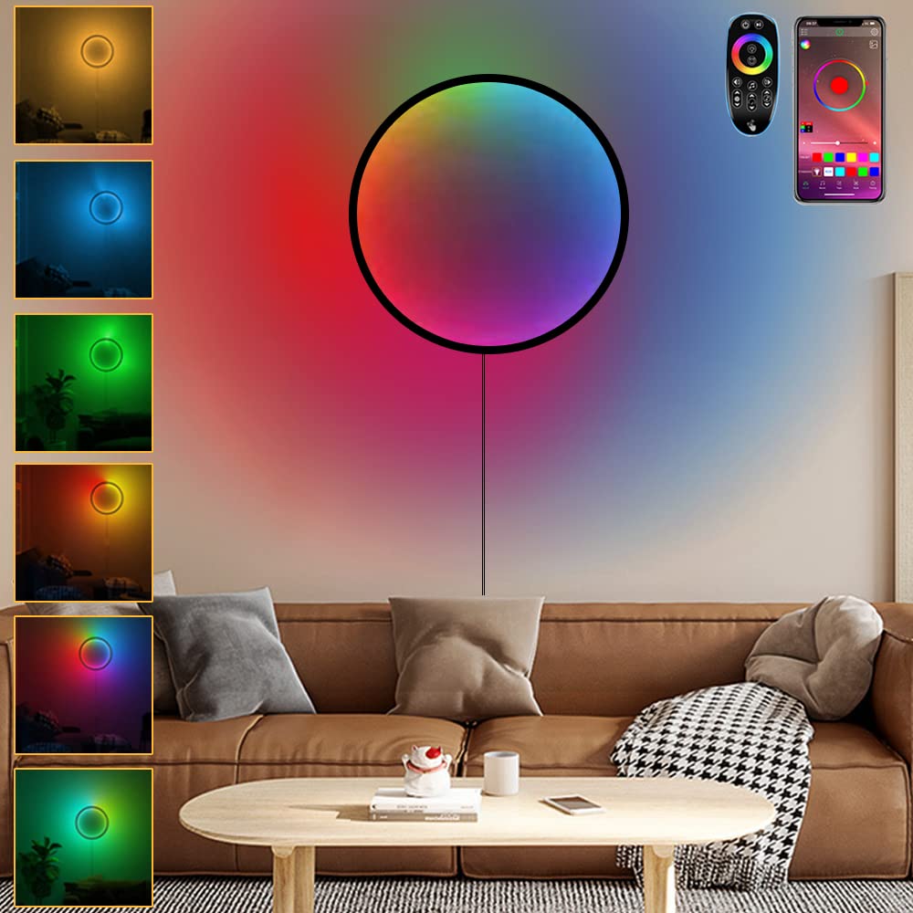Wall Lamp RGB Color Changing Smart LED Circle Light Controlled by APP&Remote with Reactive Music Mode DIY Mode Dimmer LED Modern Lamps Adjust Color&Brightness Atmosphere Night Lighting -Party at Home