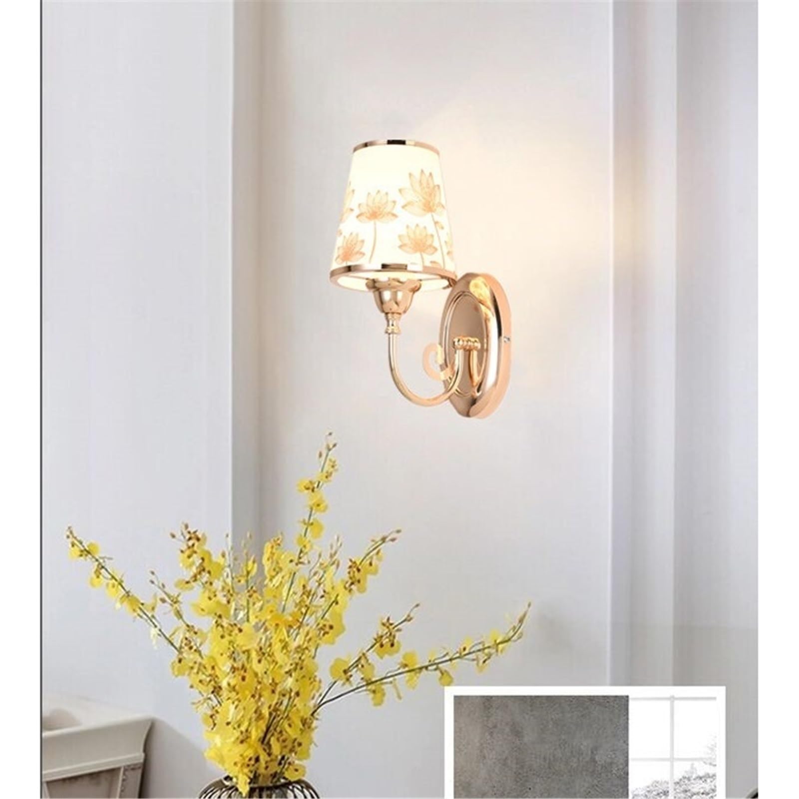 Golden Metal Wall Sconce Lotus Printed Fabric Shade Lamp Applique