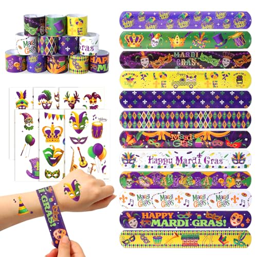 Qpout 30pcs Mardi Gras Party Favors 6 Sheets Temporary Tattoos 24 Slap Bracelets New Orleans Parade Themed Carnival Party Masquerade Celebration Party Decoration Favor Supplies