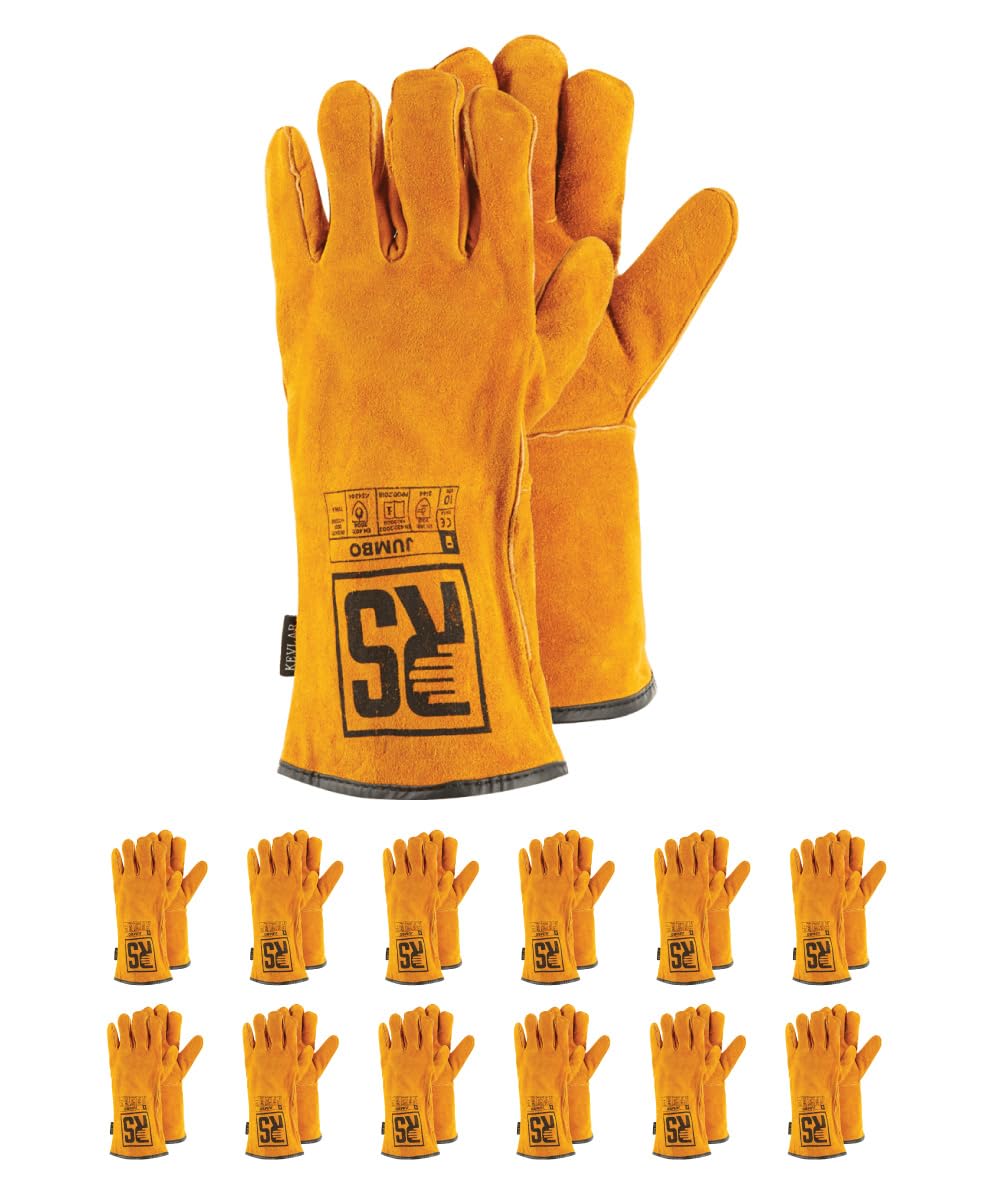 RS JUMBO Schweißerhandschuh Montage-Handschuhe aus Rindsleder mit Kevlar Nähten/Größe 11, 12 Paar/Gelb/Montagehandschuhe/Arbeitshandschuhe Leder/Robuste Lederhandschuhe Schutzhandschuhe Baumarkt