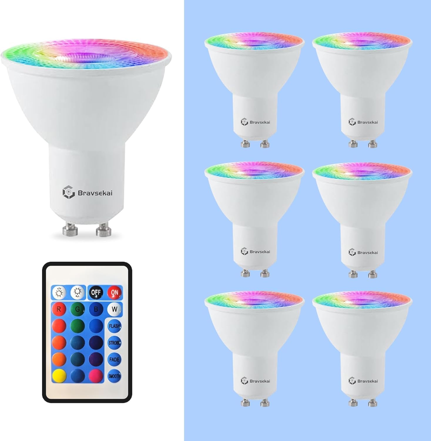 GU10 RGB & 6500K Cool White LED Bulb with IR Remote, 5w, 400LM(35W Equivalent), 16 Colors & Dynamic Effects, GU10 Colourful Bulbs for Mood Lighting (No Memory Function)