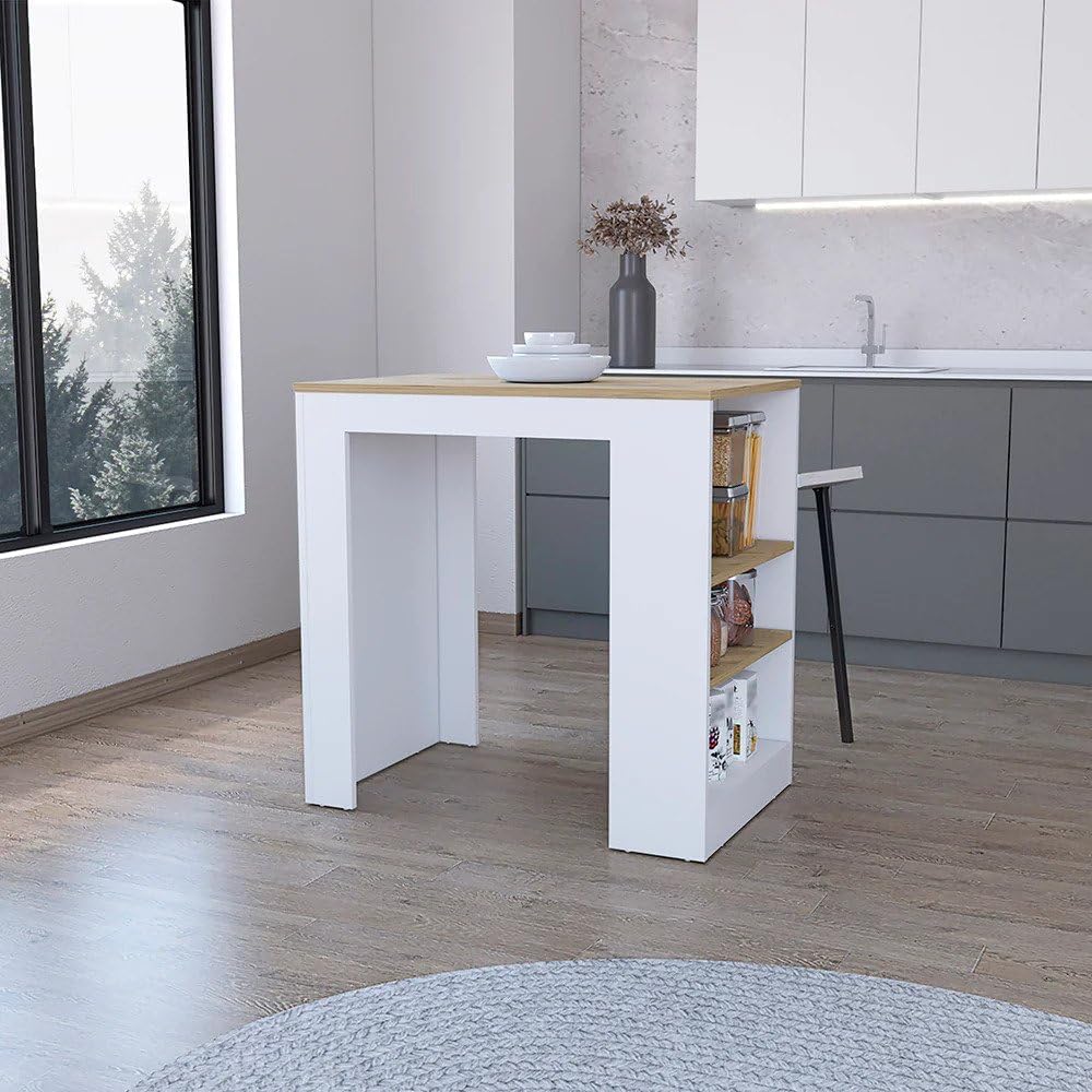 Kitchen Island with Storage Base, Engineered Wood, Counter-Height Top, 3 Side Shelves for Kitchen Storage, Dining Table, White and, 36.22" L x 23.22" W x 35.94" H