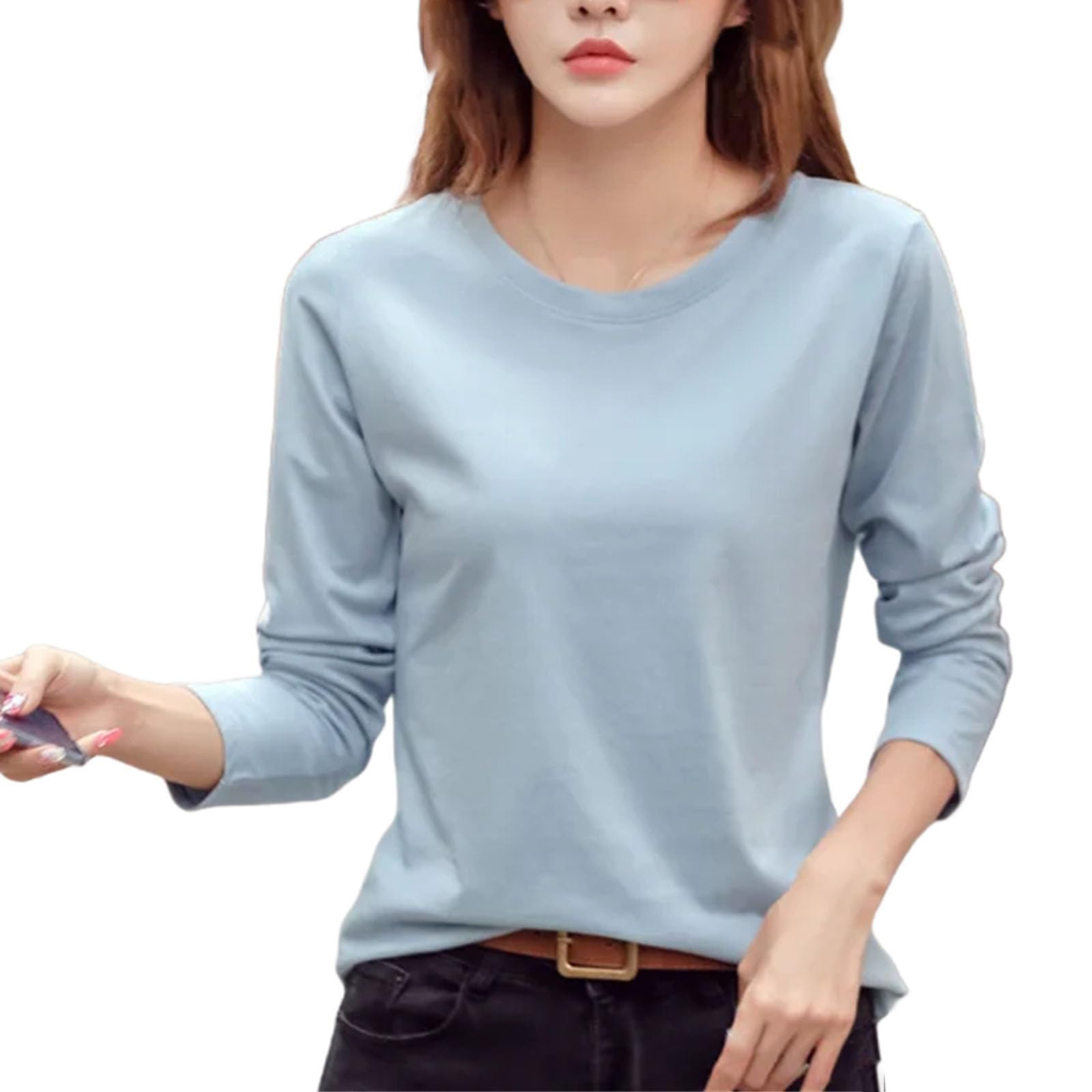 Manica lunga Donna Girocollo Top Bottoming Camicia Plus Size Large Size T-Shirt Cotone Tinta unita Abbigliamento Donna