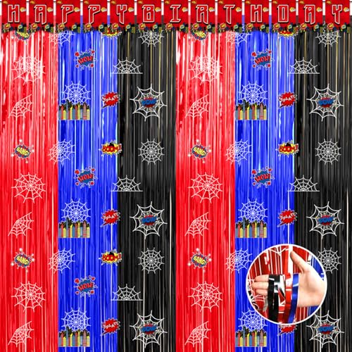 Image of Spider Web Birthday Decorations, 2 Pack Spider 3.3x6.6ft Tinsel Foil Fringe Curtains with Spider Happy Birthday Banner, Spider Photo Booth Prop Backdrop Streamer
