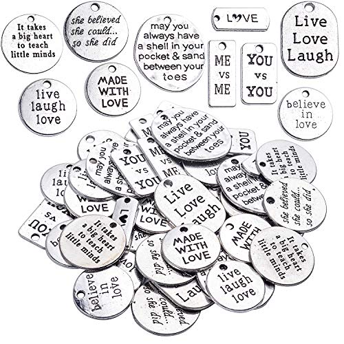 BronaGrand 40pcs Mixed Words Charms Beading Pendants for Choker Necklace Bracelet Crafting Findings Antique Silver