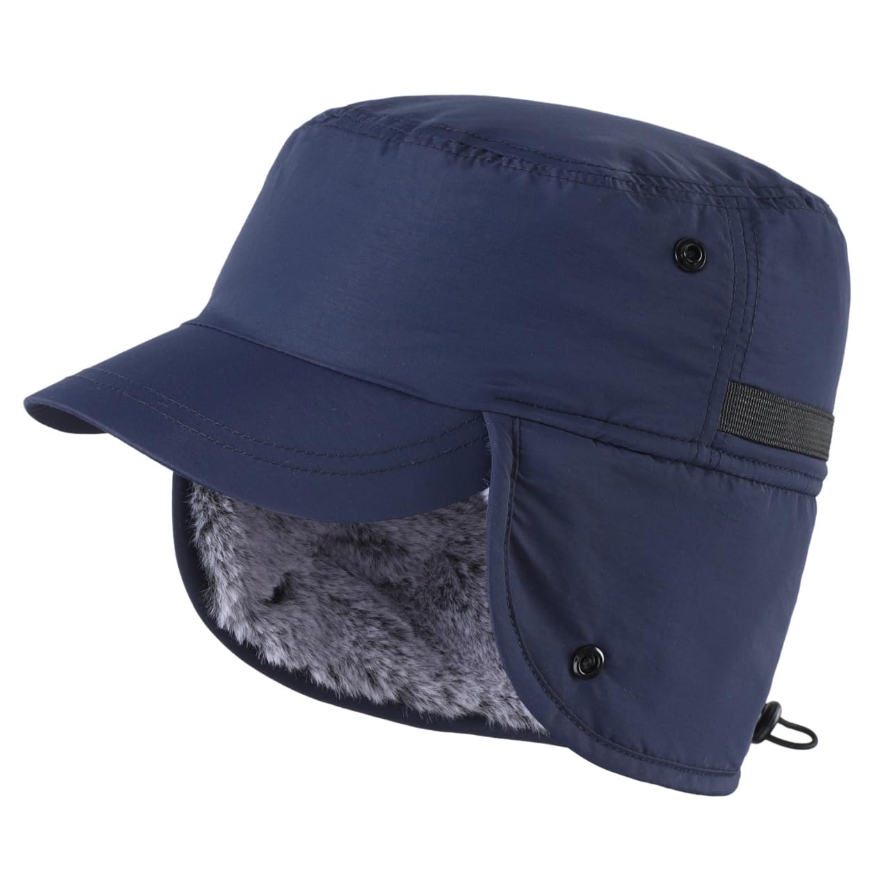 Magracy Outdoor Men's Winter Baseball Cap with Visor Warm Earflap Hat Faux Fur Trapper Hunting Hat Ski Snow Navy Blue