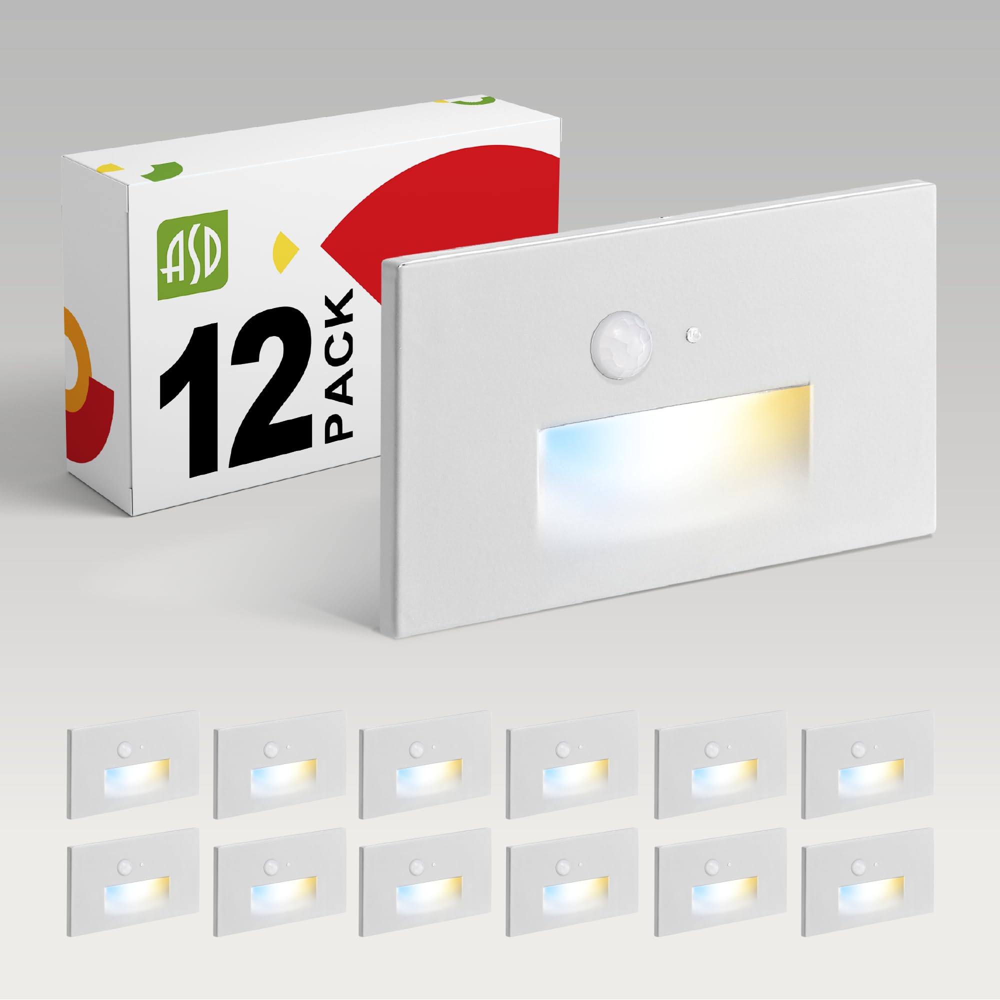 ASD LED Recessed Step Light Fixture, Dusk to Dawn Outdoor Tread Lighting | 3CCT, Motion Sensor, Photocell, Waterproof, ETL Listed | 3W 120LM 3000K-5000K 120V | Staircase Illumination | White, 12 Pack