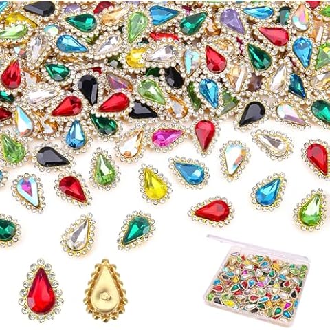 Aurehen 100PCs 8 * 13mm Tear Drop Sew On Rhinestones, Glass Crystal Stone with Gold Claw Sew-on Gems for Dresses Shoes Bags Accessories (Mixed Colors) Cover