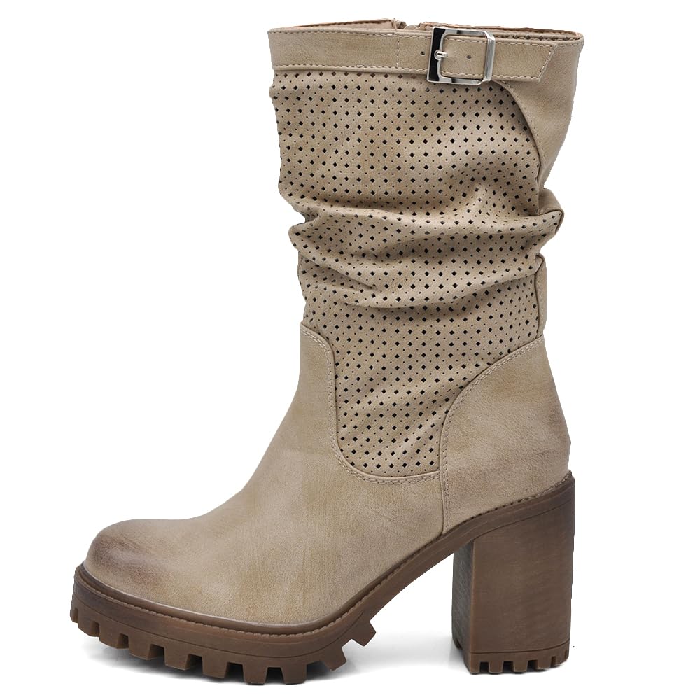 IF FASHION Stivaletti Strivali Tronchetti Aricciati Con Tacco Grosso Plateau Pelle Sintetica Da Donna G675