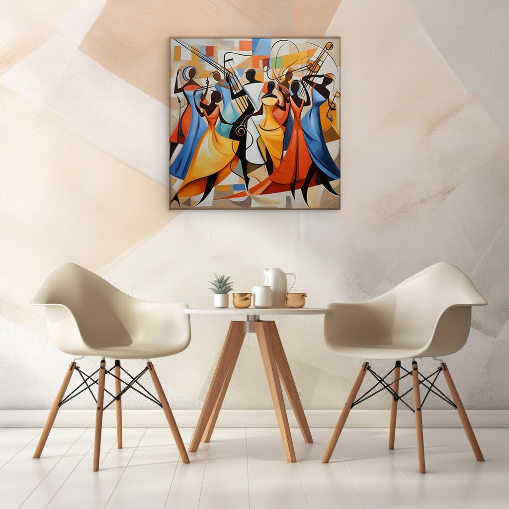Canvas for Living room. Vibrant Rhythms of Joy: An African-Inspired Oil Painting Brought to Life with Music and Dance, 27 x 18 inch Canvas Wall Art - Contemporary Masterpieces - Modern Home Decor