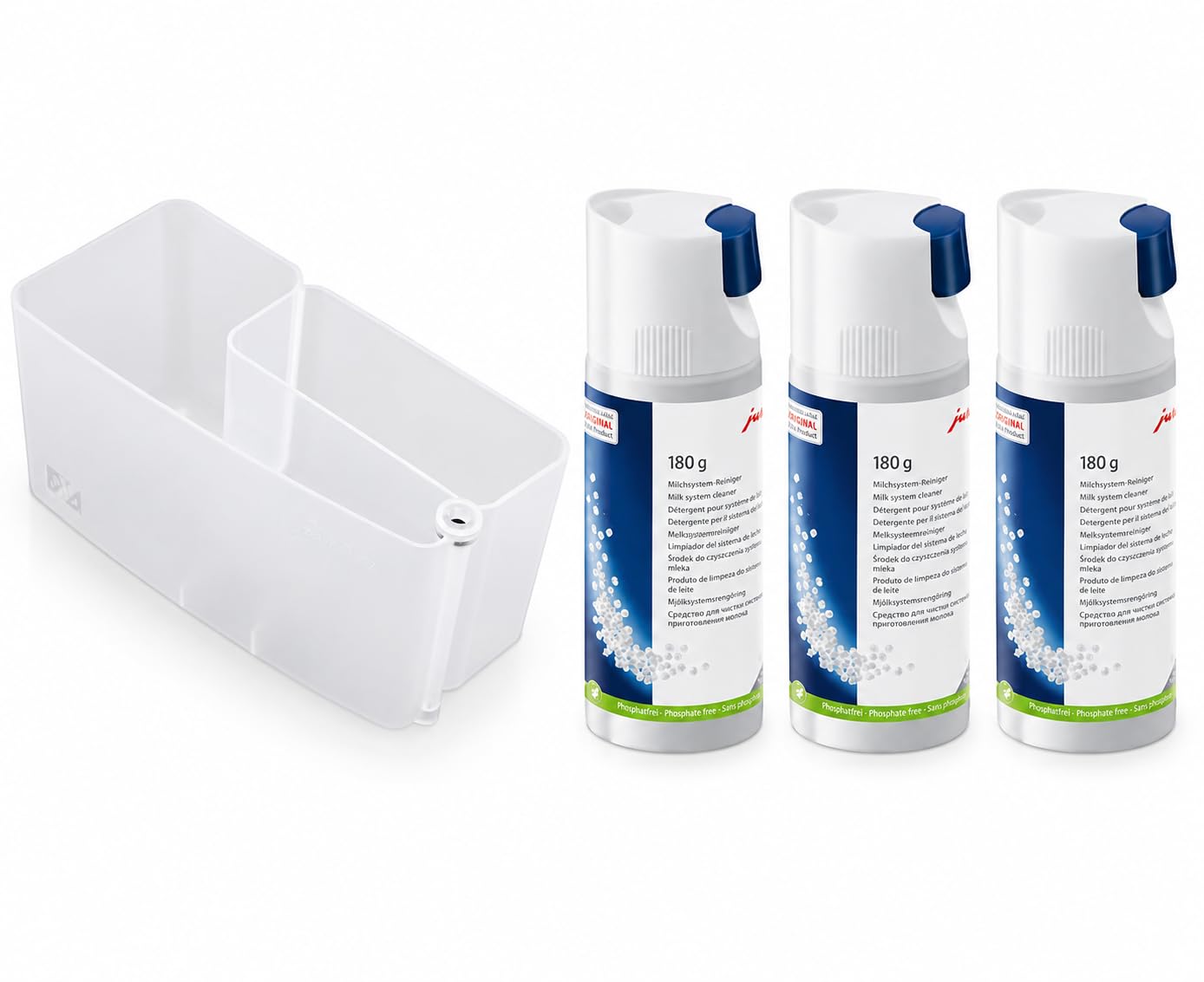 Milchsystem-Reinigungsbehälter SET JURA (3x) Milchsystem-Reiniger Dosiersystem (Mini-Tabs) 180g kompatibel mit E8 J8 W8 |2-Kammer Reinigungssystem|Kunststoffbehälter | Ersatz für 74707-24211