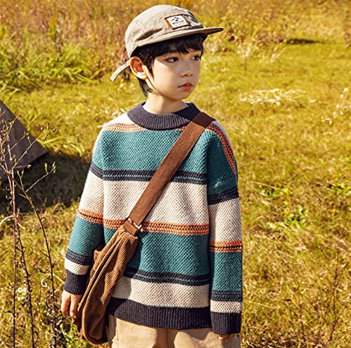 Boys' Pullover Sweater, Round Neck Winter Stripe Sweater, Warm Loose Sweater, Suitable for Boys with A Height of 120-170 Cm (Color : Green, Size : 150cm)2