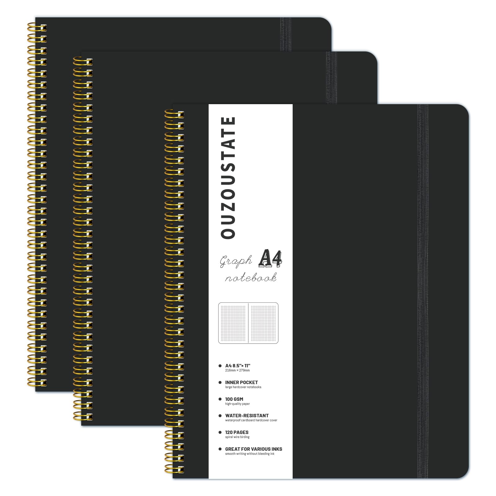 Ouzoustate Spiral Graph Notebook 8.5” x 11”, A4 Black Grid Paper Notebook, 120 Pages 100GSM Thick Large Graphing Notebook，Hardcover Spiral Notebook