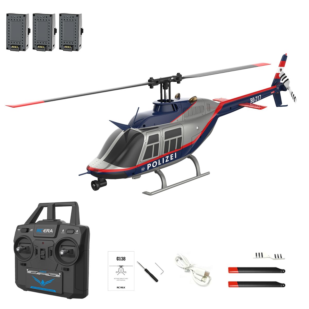 RC ERA C138 BELL206 6CH Flybarless RC Hubschraubermit Optical-Flow Schweben, RTF 2.4G Steuerung & Single-Rotor Ferngesteuerter Helikopter Flugmodell für Erwachsene RC-Piloten