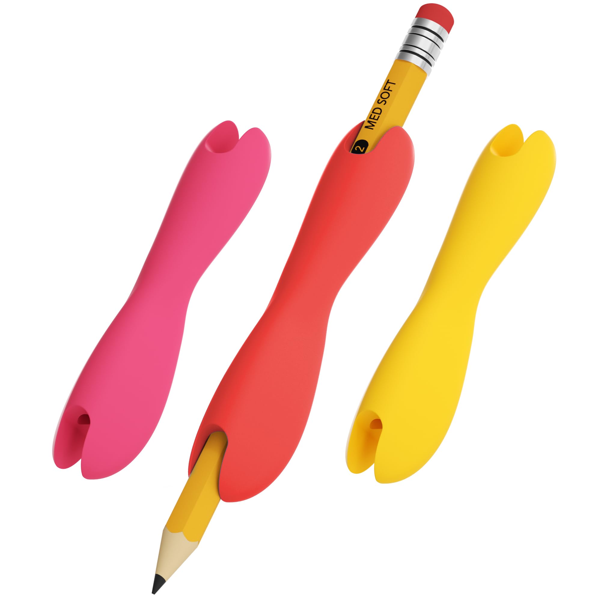 3 Pack Silicone Pencil Grips for Kids & Adults, Ergonomic Dual-Head Design for Handwriting, Drawing & Coloring, Improves Grip Control, Pink/Red/Yellow