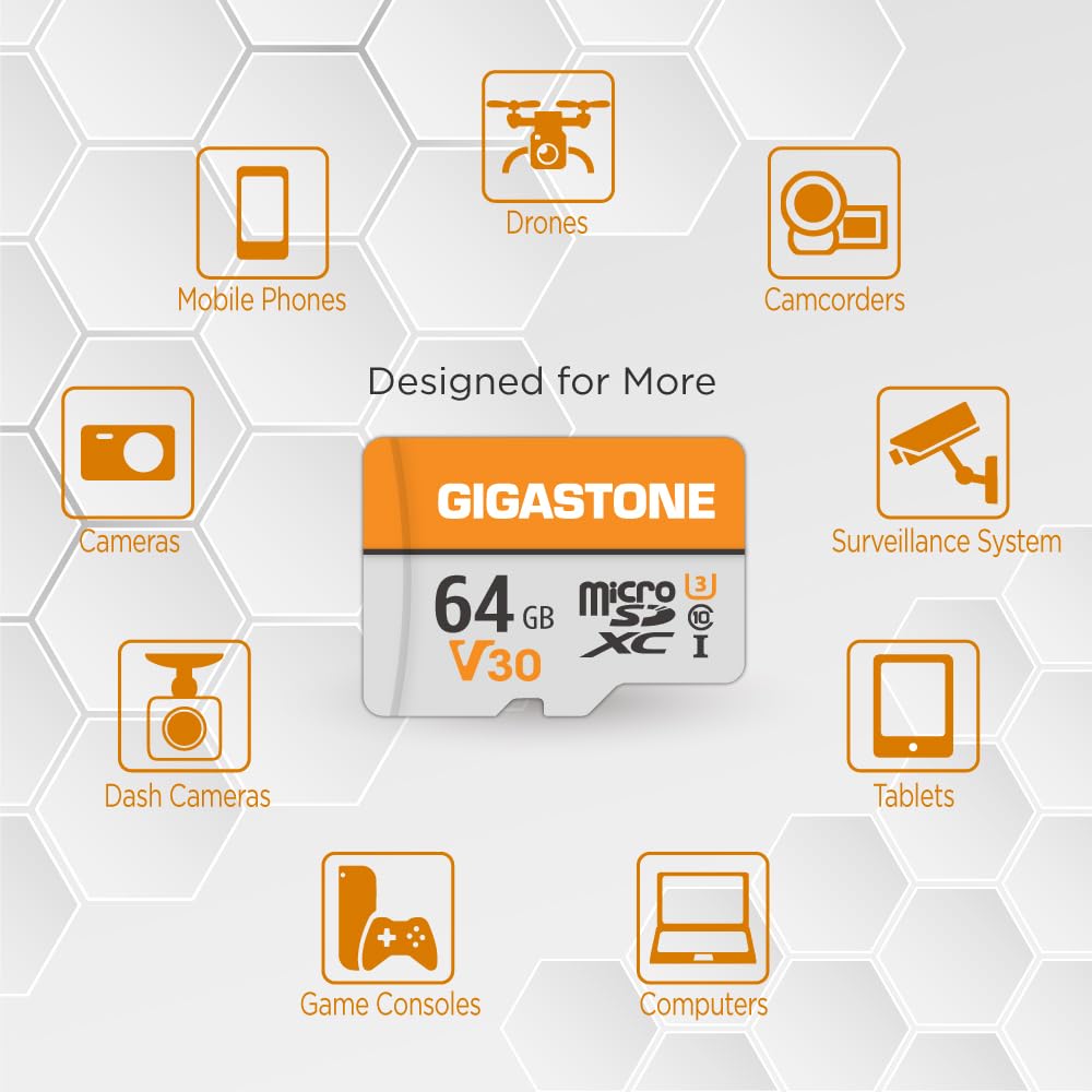 GIGASTONE Carte Micro SD 64 Go Lot de 2, V30 Enregistrement Vidéo 4K, pour Surveillance, Caméra de Sécurité, Dashcam et Drone, Carte Mémoire MicroSDXC UHS-I Classe 10 Jusqu’à 95 Mo/s, avec Adaptateur