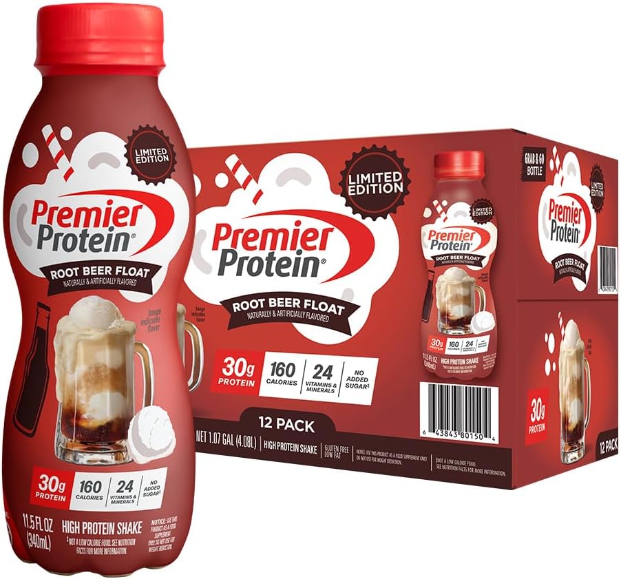Premier Protein Shake, Limited Edition Root Beer Float, 30g Protein, 1g Supar, 24 Vitamins & Minerals, Nutrients to Support Immune Health, 11.5 oz, 12 Pack - Artwork Case, Packaging May Vary