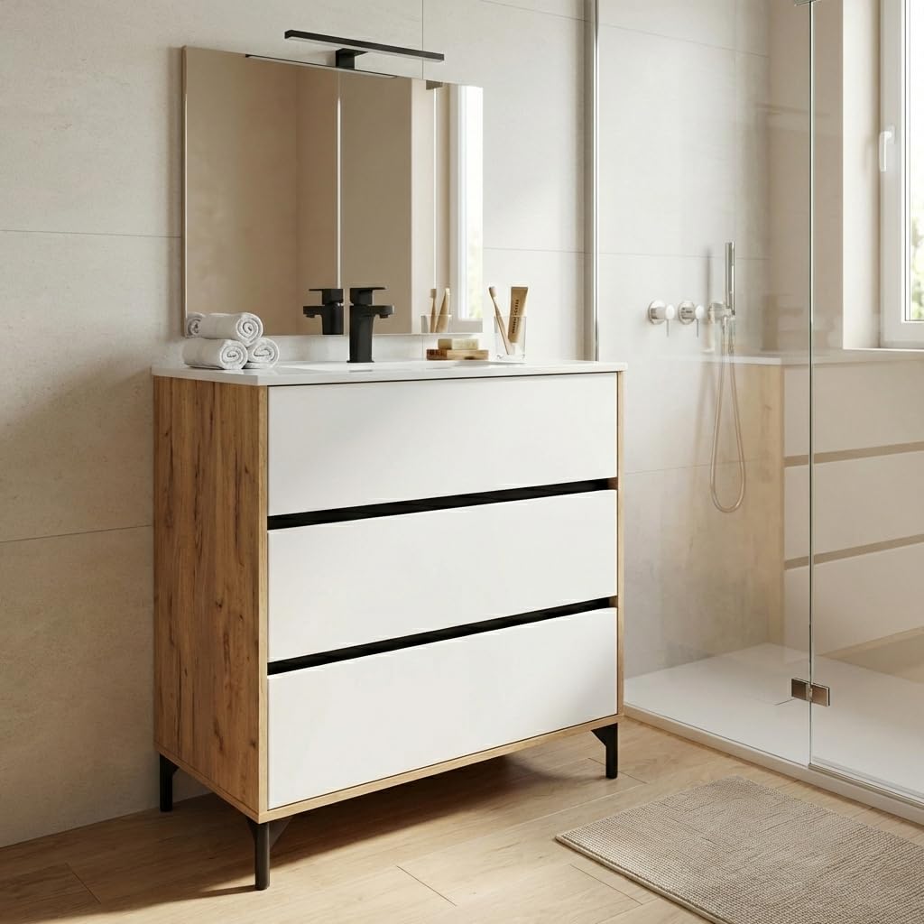 Mueble de Baño con Espejo Incluido, Roble Kraft/Blanco, 3 Cajones, 80cm, Ancho con Patas, para Lavabo encastrado NO Incluido, Estilo Moderno Modelo Elba