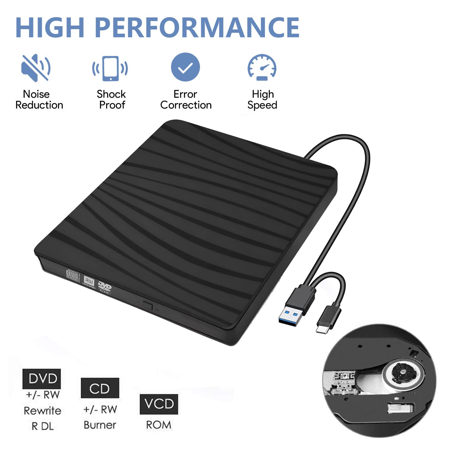 FCRB Lecteur CD/DVD Externe, USB 3.0 Type-c Graveur Enregistreur Portable RW/ROM Mince Transmission Rapide pour Windows 11/10/8/7/XP/Vista/Mac OS