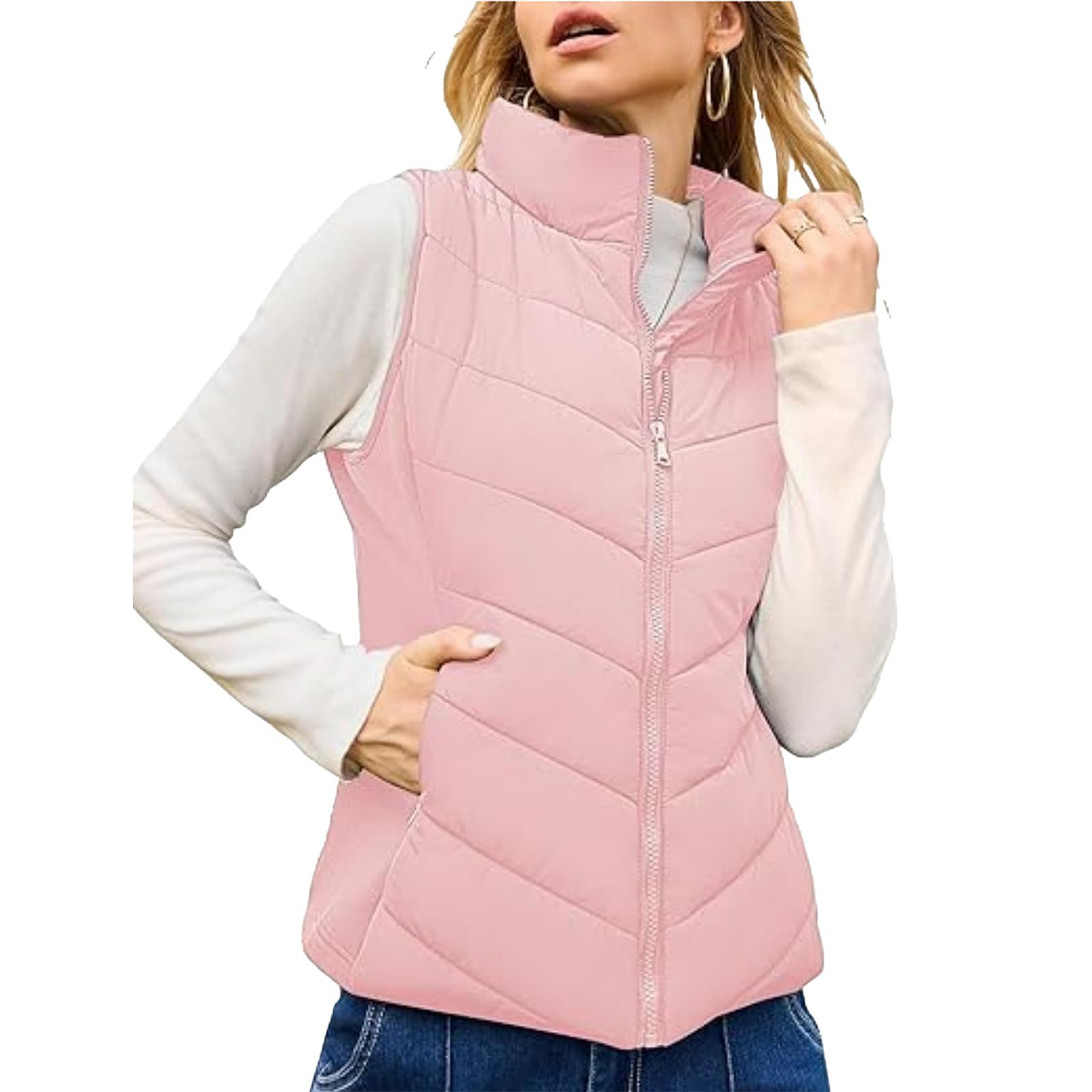 Holdretain - Chaleco acolchado para mujer, sin mangas, con cremallera, acogedor, ligero, cuello alto, chaqueta acolchada
