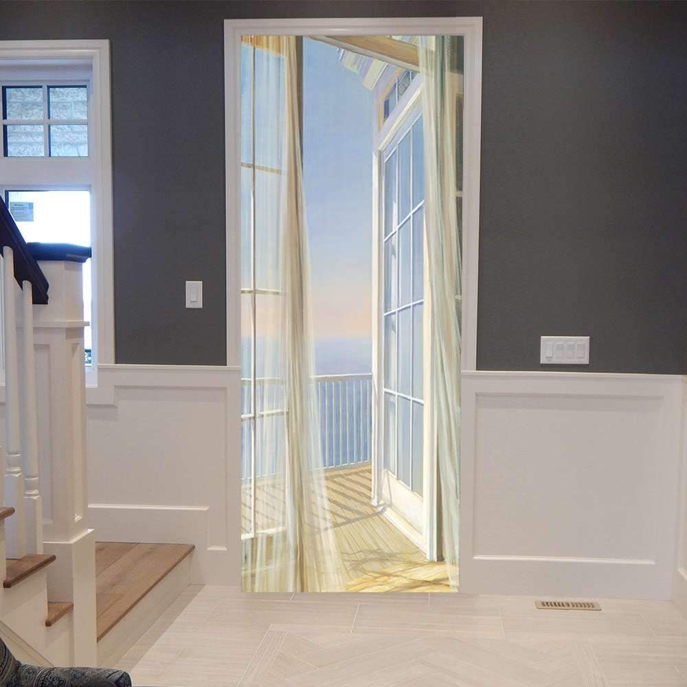 Adesivi Per Porte 3D Per Porte Interne Balcone Giardino Vista Lago 90 X 200 Cm Decalcomanie Murali Autoadesive Impermeabili In Vinile Per Porta Per Camera Da Letto, Ufficio, Bagno - Foto Della