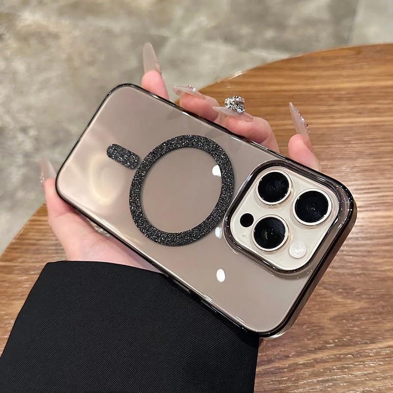 Image of COVERLY Magnetic Glitter for iPhone 15 Pro Max Case, Clear Crystal Bling Phone Case [Compatible with Mag-Safe] Shockproof Sparkly Cute Women Girl Protective Cover for iPhone 15 Pro Max, Black Glitter