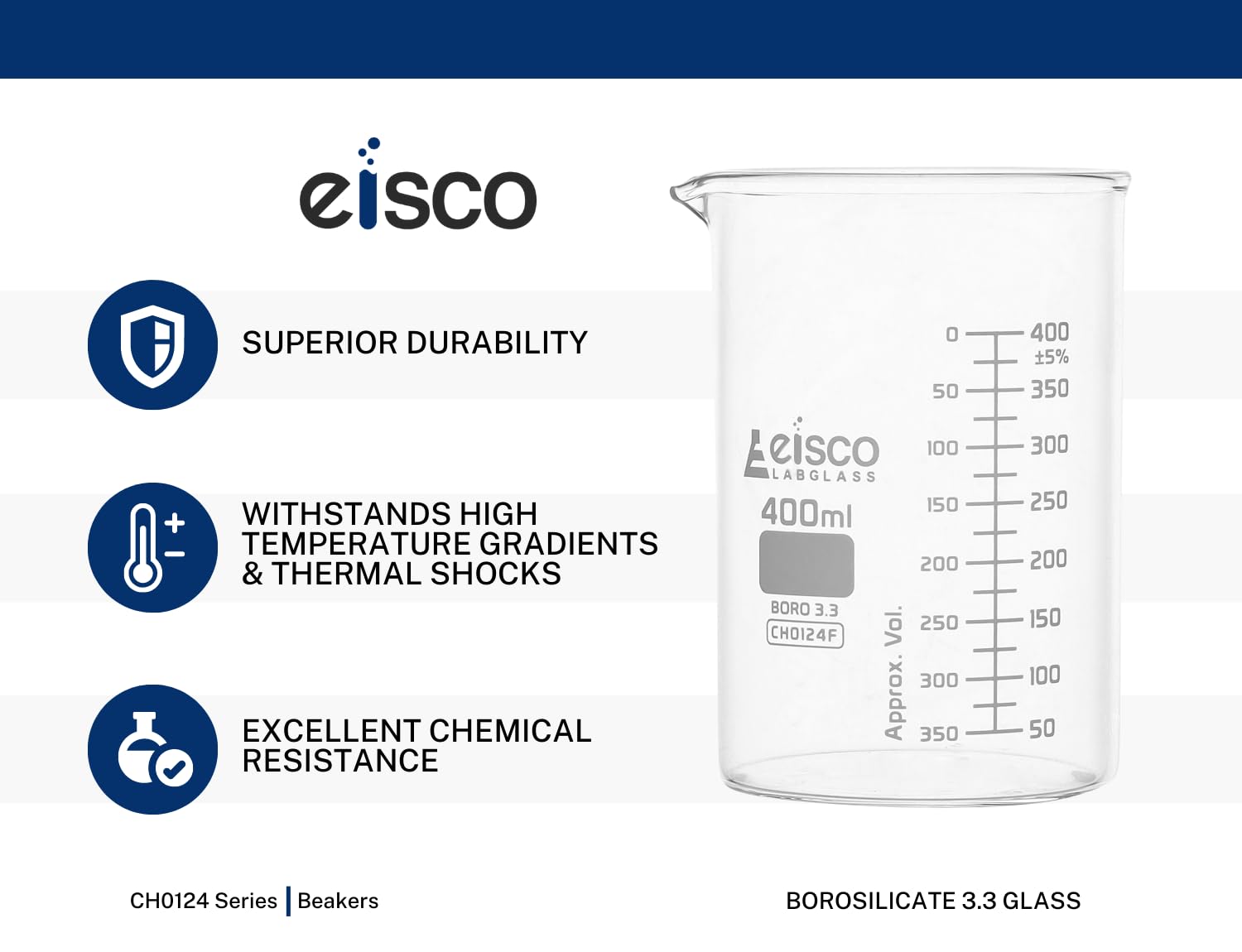 Eisco Labs - Confezione da 12 bicchieri da 20 ml, forma bassa con beccuccio, graduazioni bianche a doppia scala, in vetro borosilicato