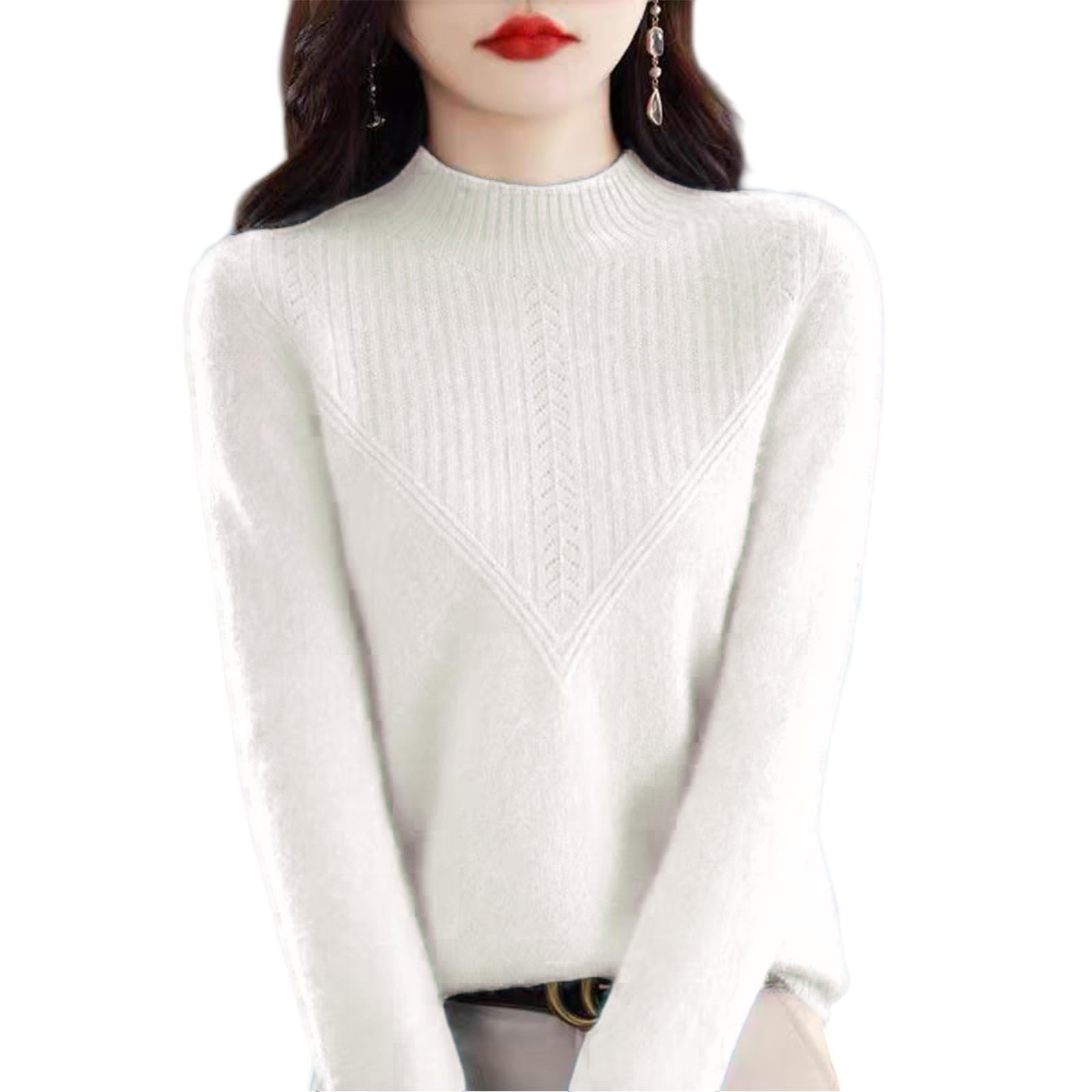 Womens Wool Crewneck Sweater Long Sleeve Solid Knit Pullover Business Casual Top