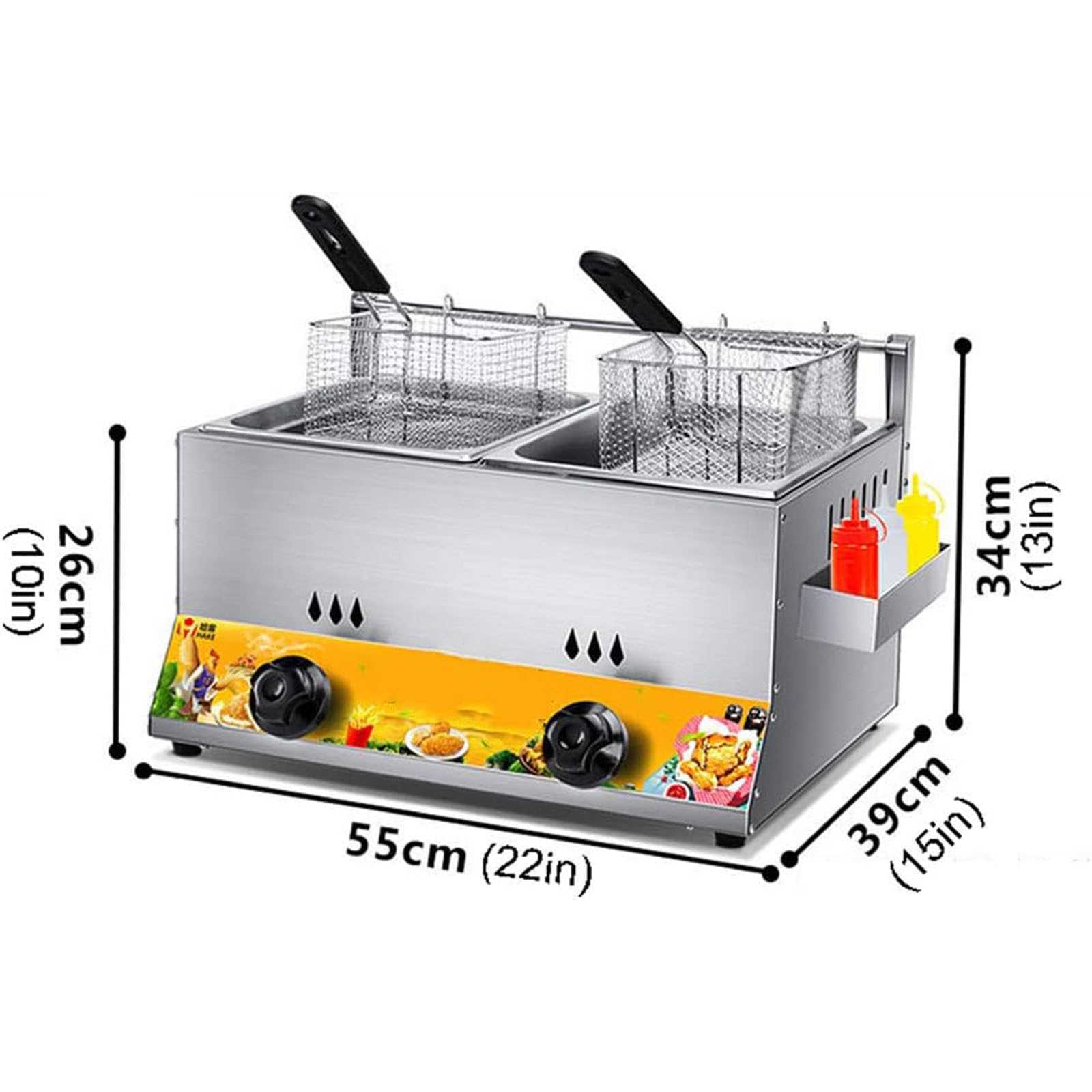 PixCy Freidora de Gas de Mesa de Acero Inoxidable, Doble Tanque de Capacidad de 12 litros, con 2 canastas y aderezos, Cocina Industrial Comercial o Uso doméstico,2tank