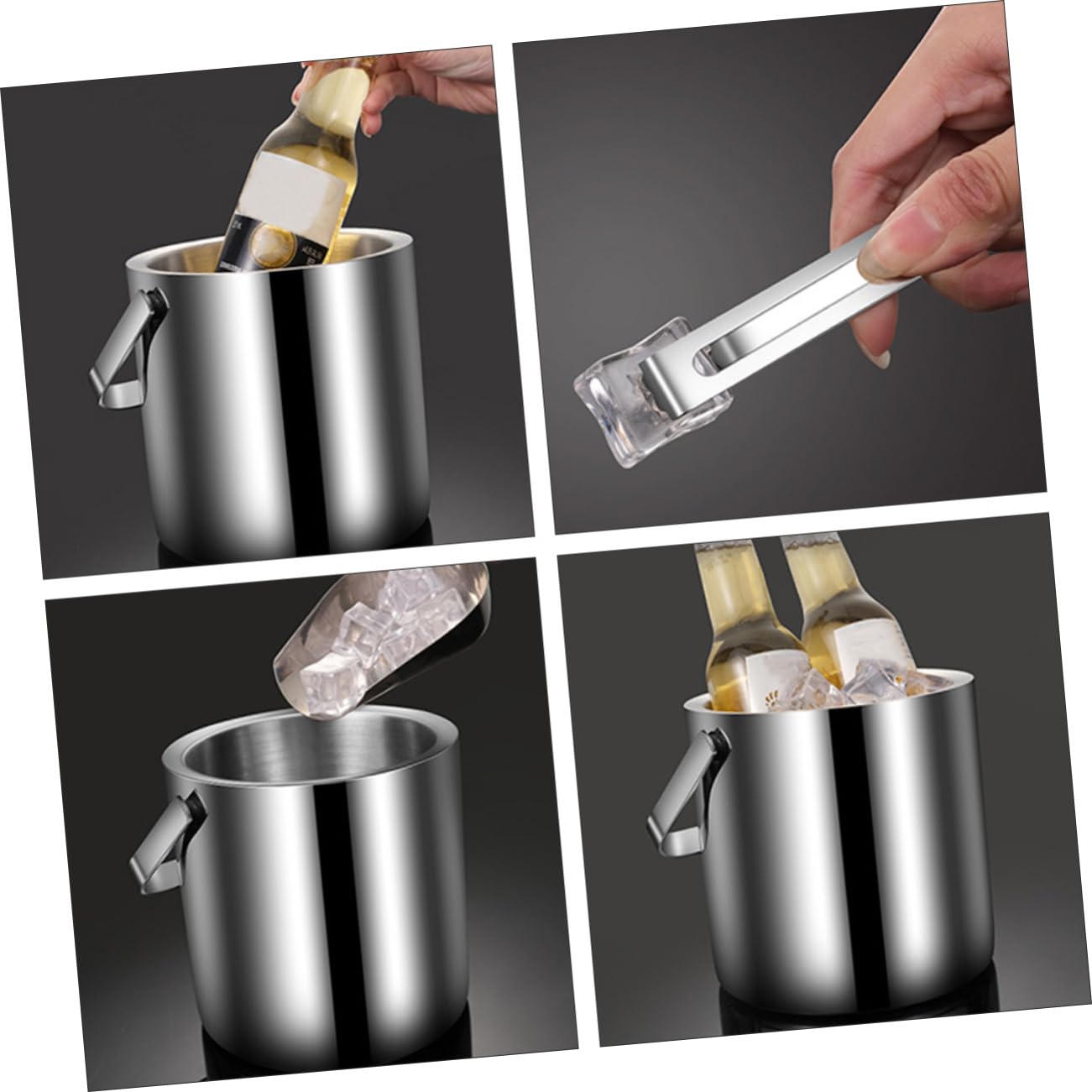 Garneck Ice Bucket 1.3l Capacity Portable Stainless Steel Ice Barrel Tong Strainer