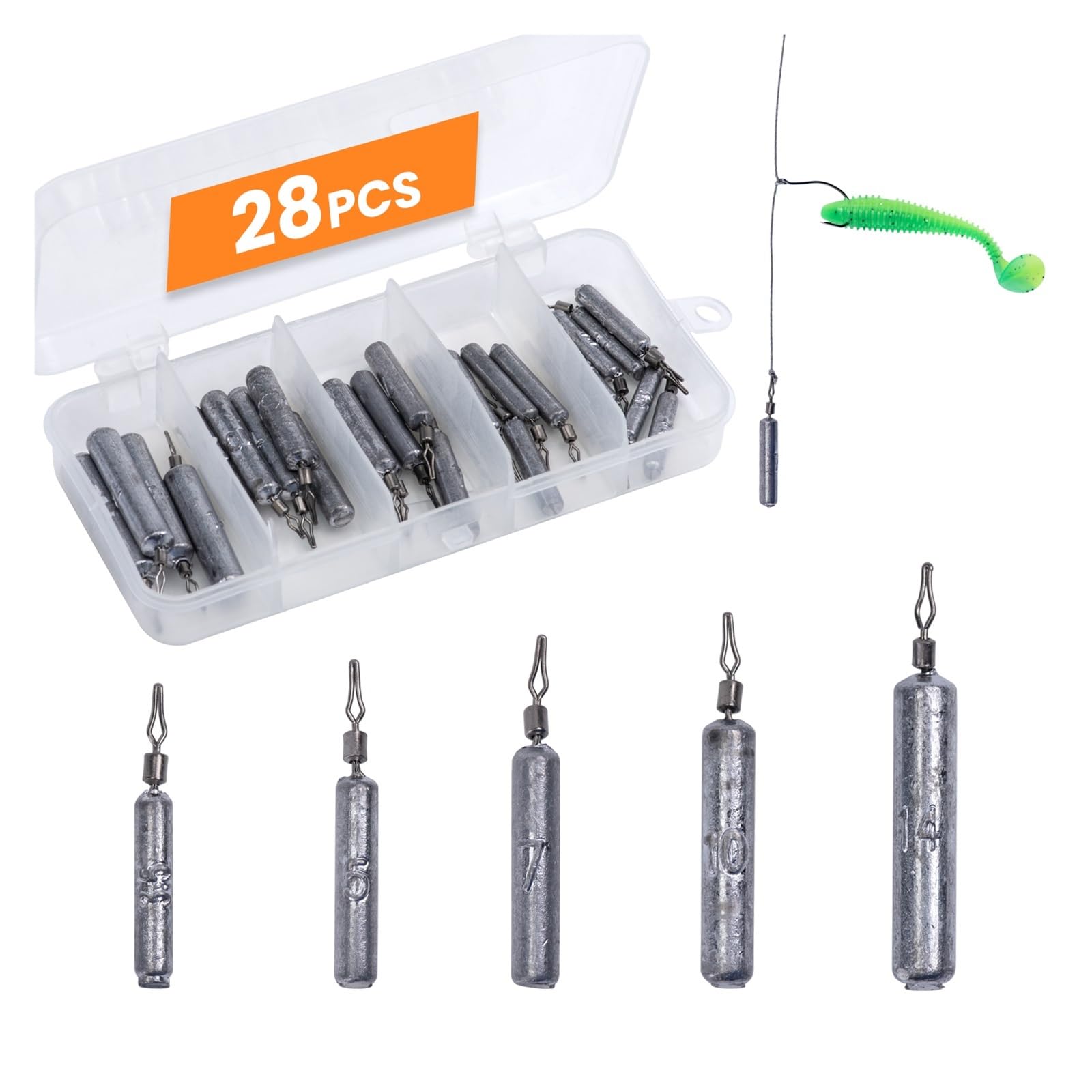 28-teiliges Angelblei-Set (3,5 g, 7, 10, 14 g) for Drop-Shot-Montagen, inklusive Box