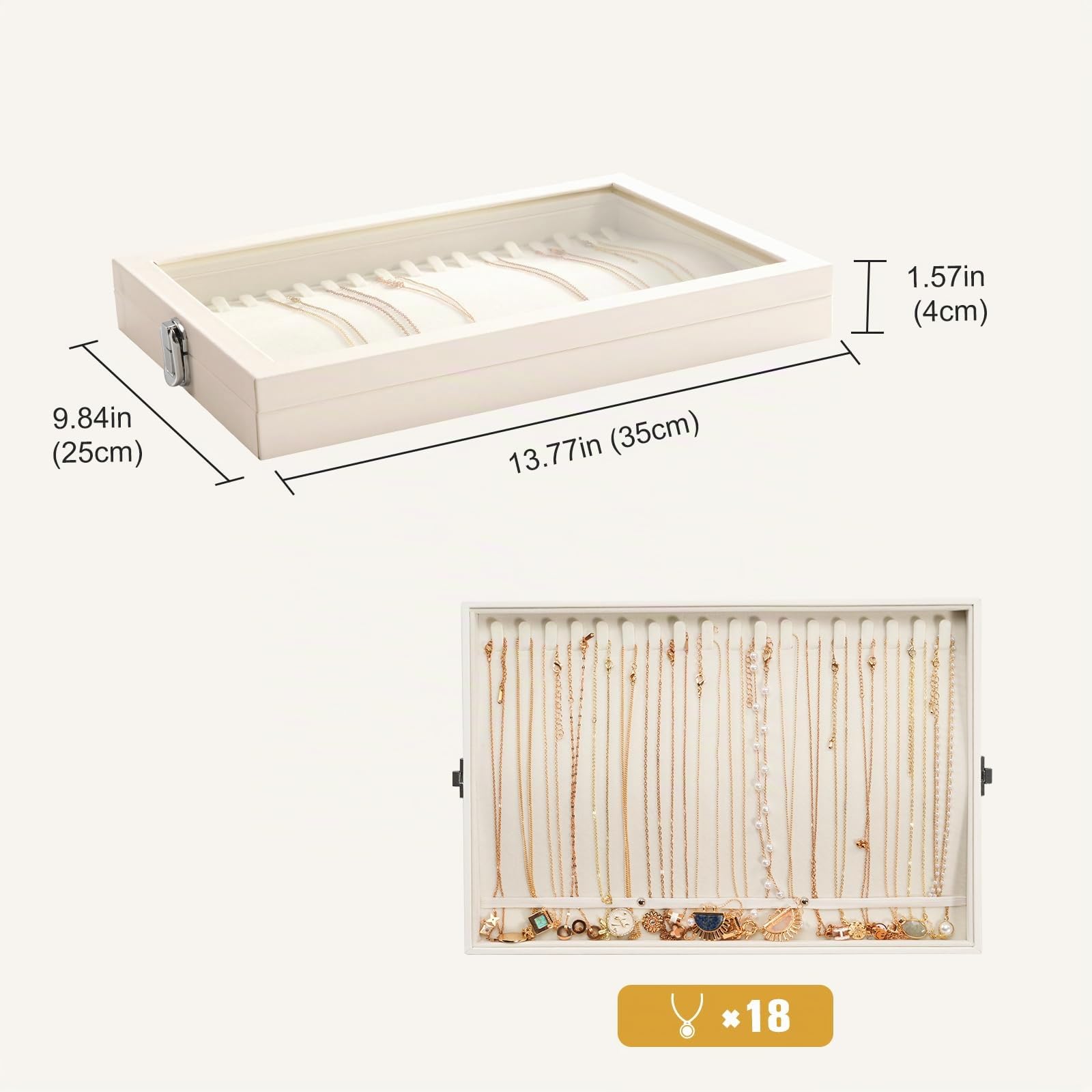 Lolalet Bandeja Organizadora para Collares con Tapa, 18 ganchos para Joyas Caja de Almacenamiento para Cajón -Beige