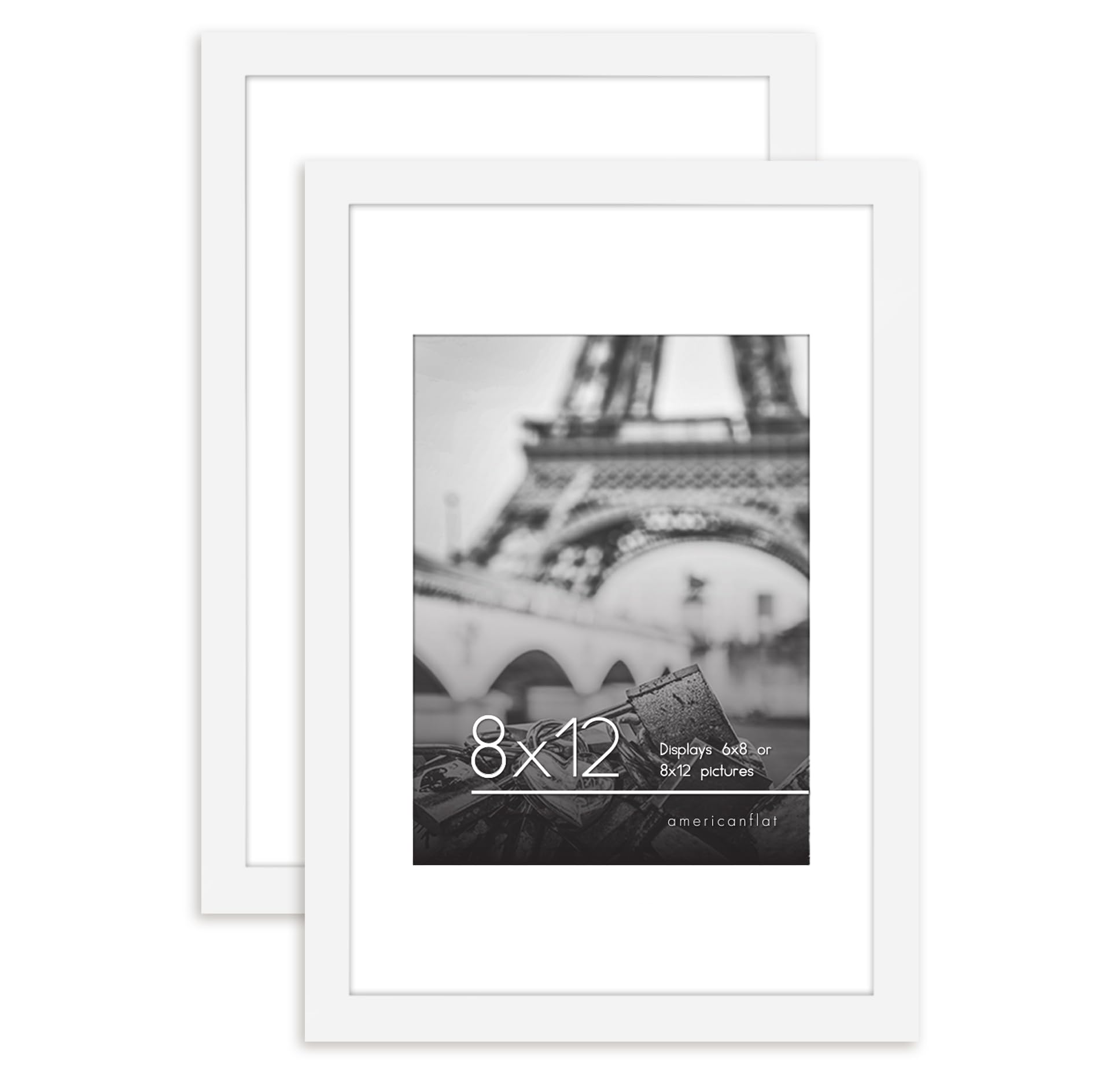 Americanflat 8x12 Picture Frame in White - Set of 2 - Use as 6x8 Picture Frame with Mat or 8x12 Frame Without Mat - Includes Sawtooth Hanging Hardware For Horizontal or Vertical Display