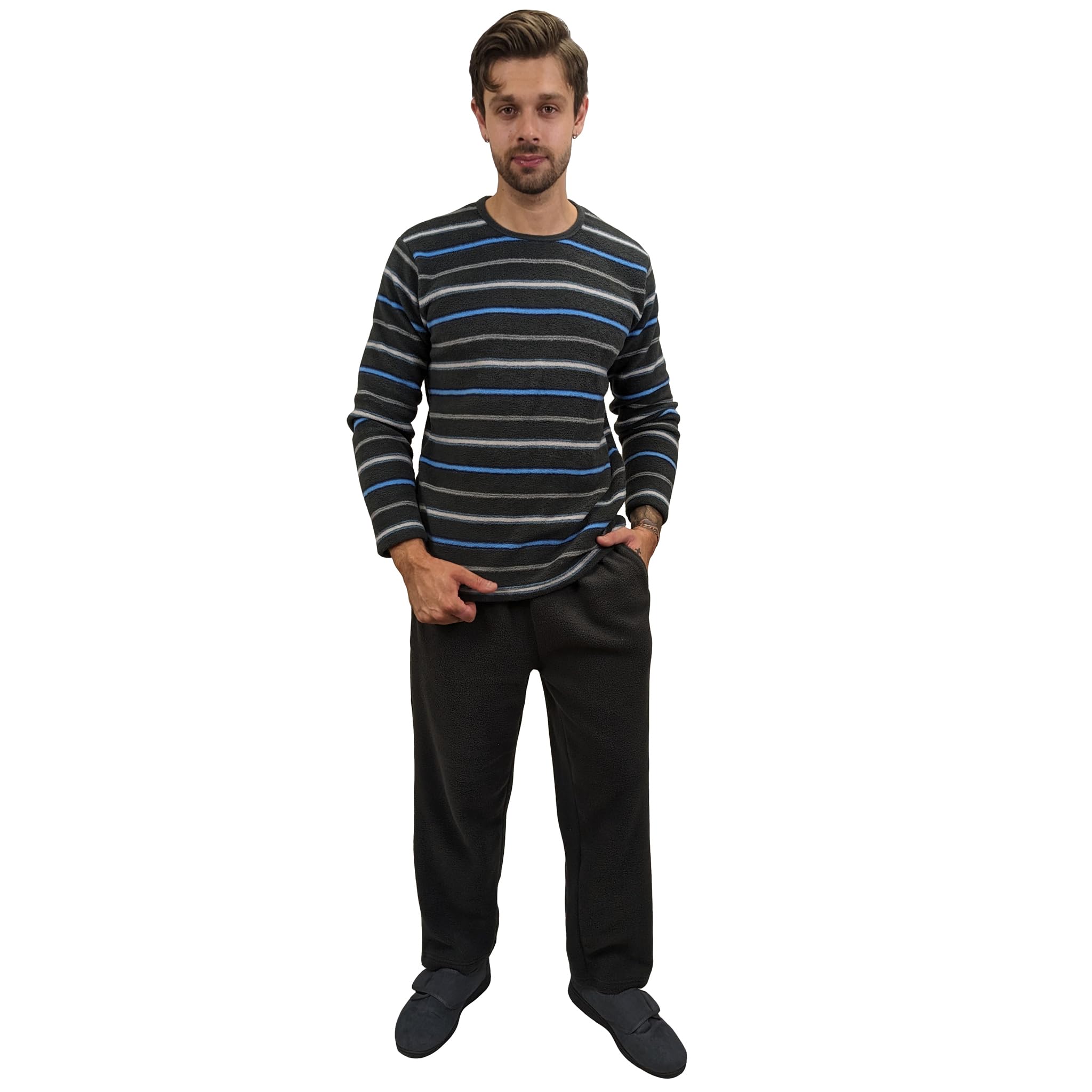 Kruxader Men's Dark Grey Stripe Winter Striped Pyjama Set Loungewear Pjs Warm Fleece Pj's(Courage Dark Grey, 2XL)
