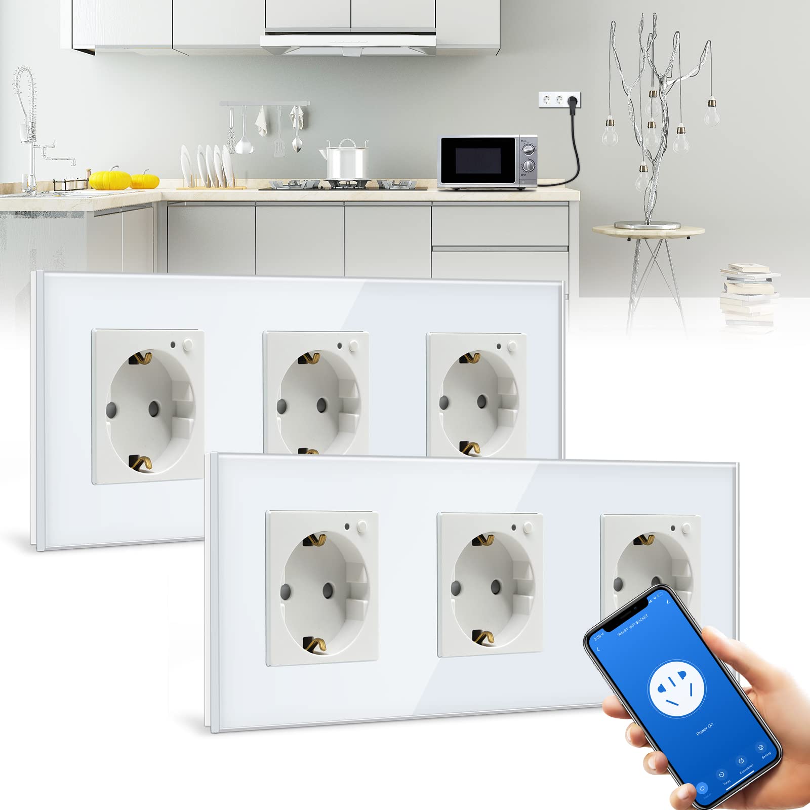 BSEED BSEED Enchufe Triple de Pared WiFi,Schuko Enchufe inteligente Compatible con Alexa y Google Home,Control de APP y Función de Temporizador,protección de contacto,16A Blanco-2 Paquete