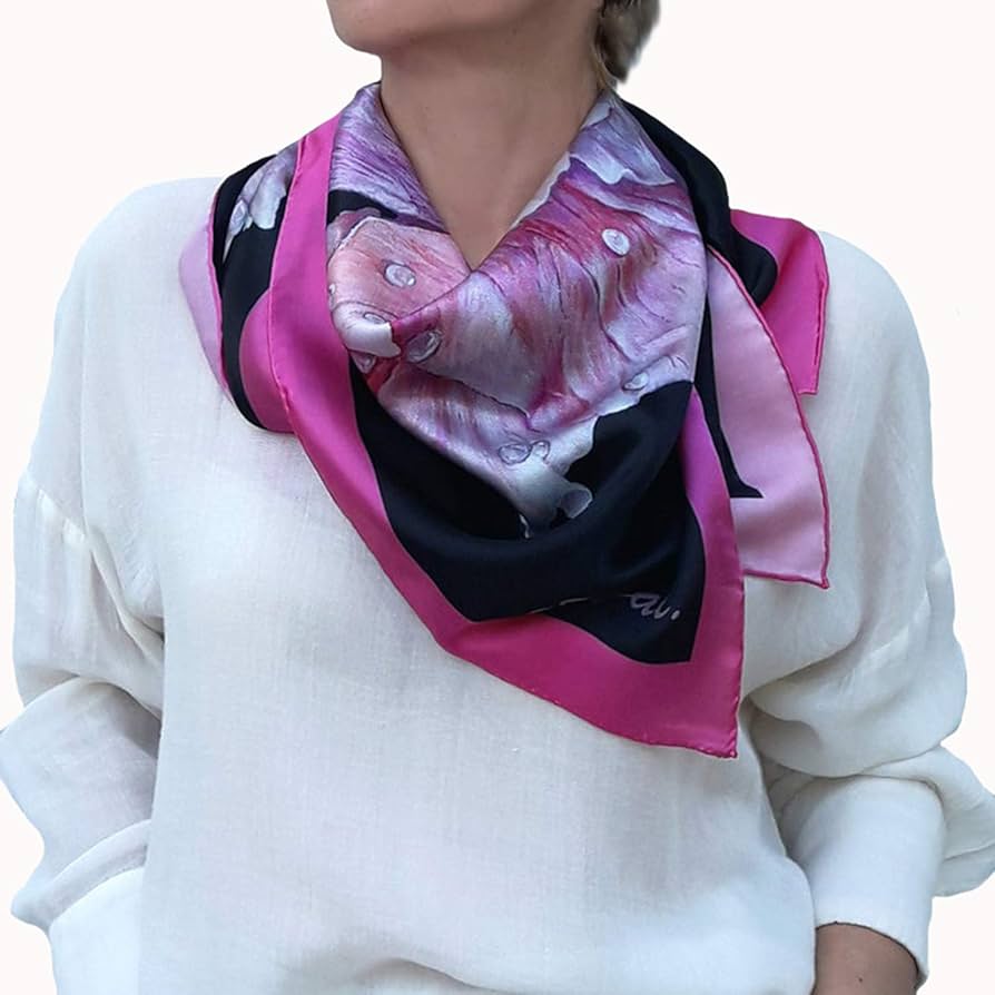 【eL×ONE】Flower Large Scarf Amazon.com: Large Square Silk Scarf, Black Shawl with Pink