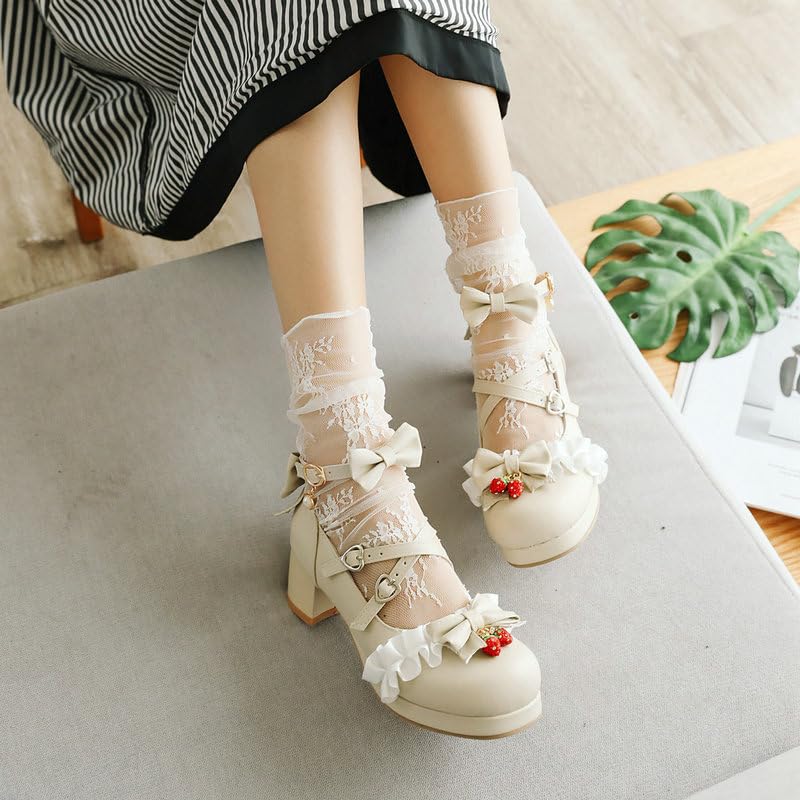 Kawaii Mary Jane Heels for Women Round Toe Low Block Heel Cross Ankle Strap Bow Lace Cute Dressy Pumps for Cosplay Wedding Prom Shoes2
